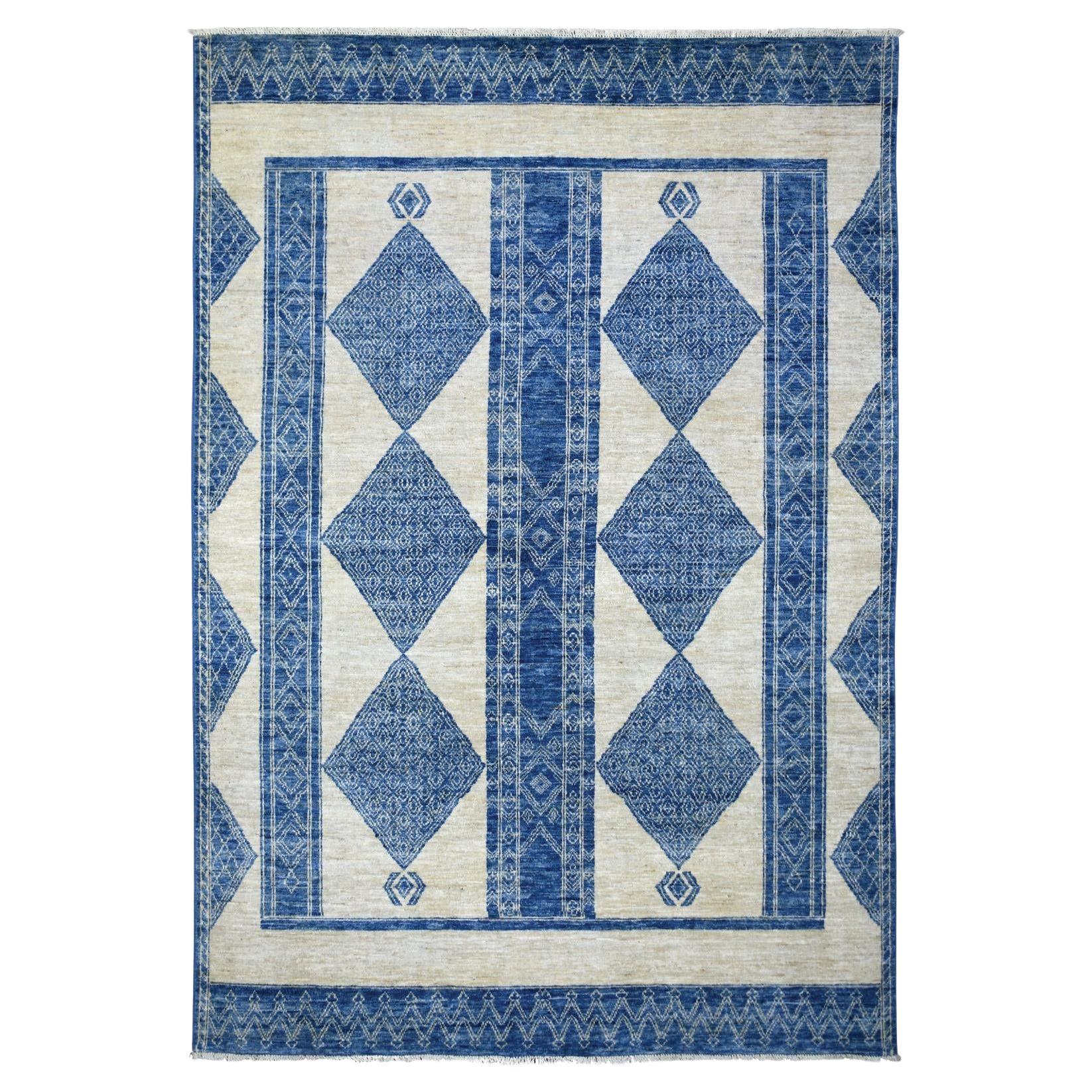 5'10 "x8'9" Denim Blue Fine Peshawar mit geometrischem Design Handgeknüpfter Wollteppich im Angebot