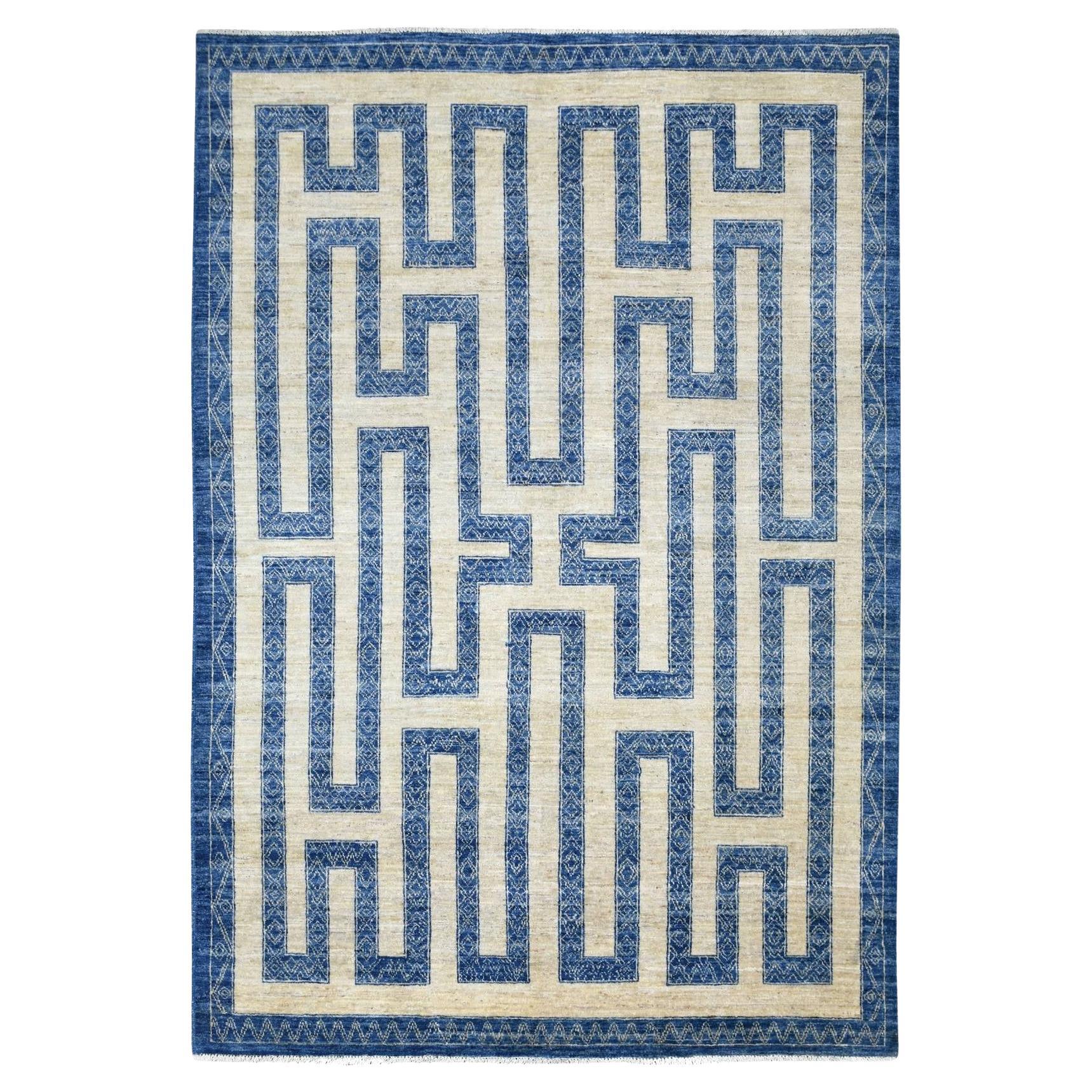 5'10 "x8'9" Tapis à motifs de labyrinthe en laine douce et souple, noué à la main, bleu denim
