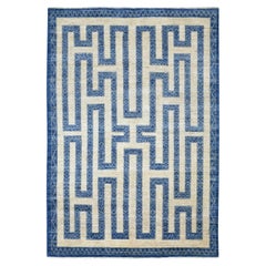 5'10 "x8'9" Tapis à motifs de labyrinthe en laine douce et souple, noué à la main, bleu denim