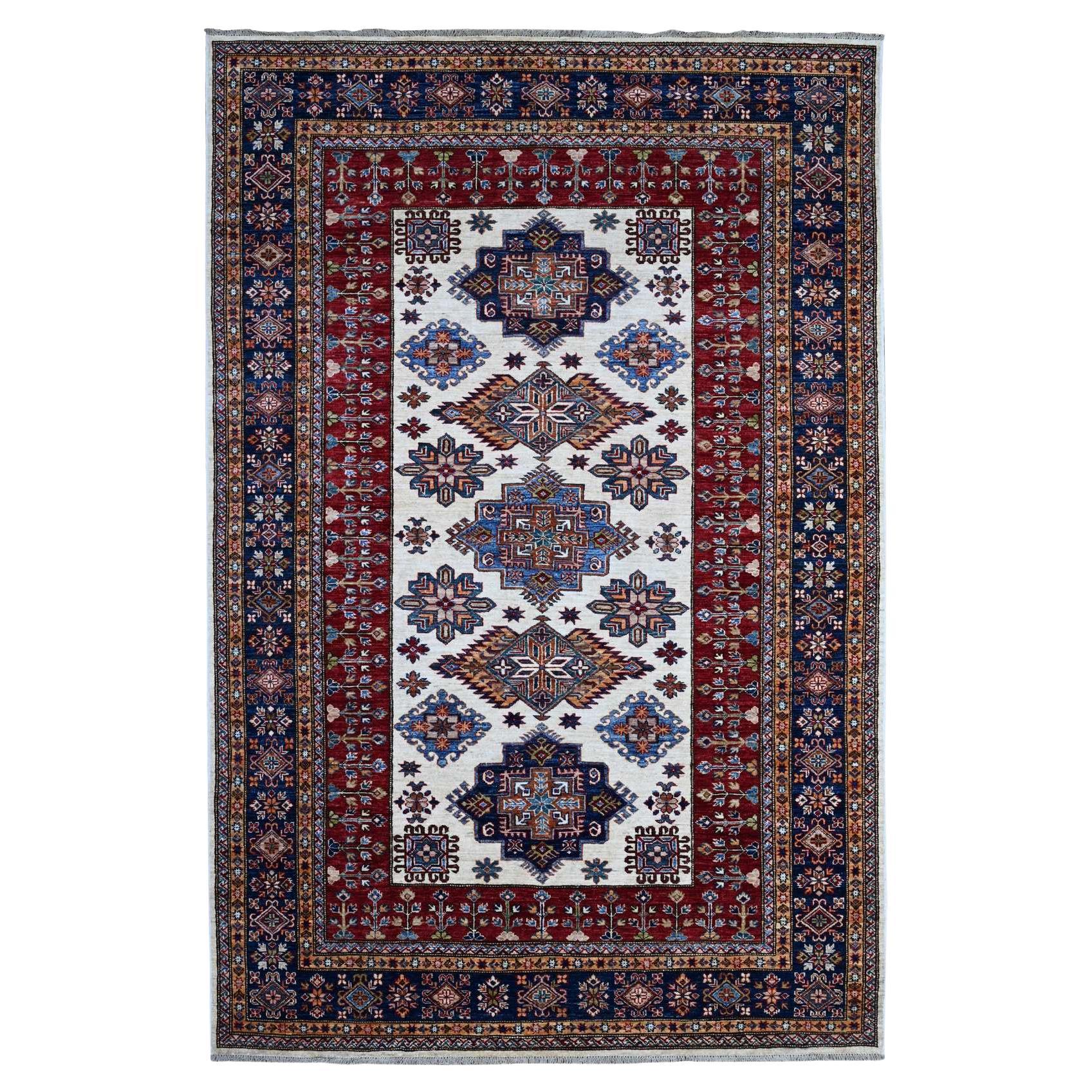 5'10 "x9' Cloud White Laine nouée à la main Super Kazak Tapis d'Orient Géométrique