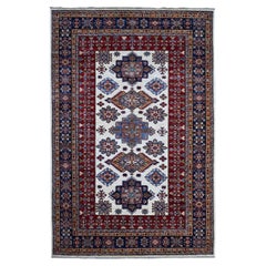 5'10 "x9' Wolke Weiß Handgeknüpft Wolle Super Kazak Geometrische Orientteppich