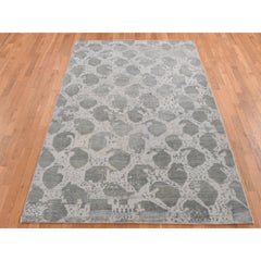 5'10"x9' Gray Oushak Repetitive Botteh Design Pure Wool Hand Knotted Rug