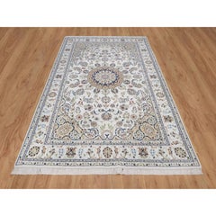 5'10"x9' Ivory Hand Knotted Nain with Medallion Design Wool & Silk 250 KPSI Rug