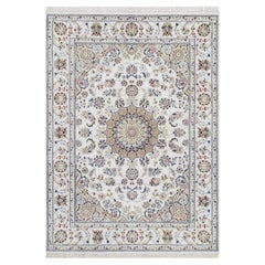 5'10"x9' Ivory Hand Knotted Nain with Medallion Design Wool & Silk 250 KPSI Rug
