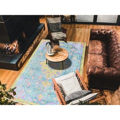 5'10"x9' Marine Green Painted Vintage Persian Tabriz Hand Knotted Pure Wool Rug