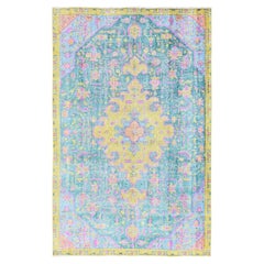 5'10"x9' Marine Green Painted Vintage Persian Tabriz Hand Knotted Pure Wool Rug