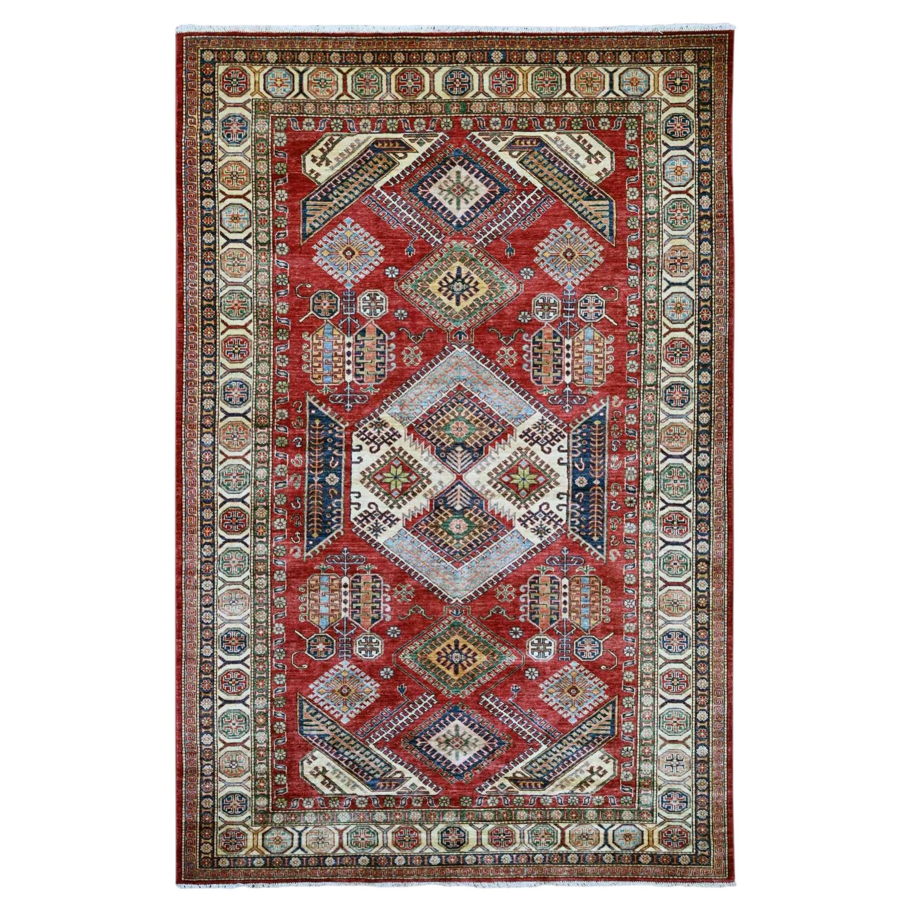 5'10 "x9' Rosso Afghano Super Kazak Design Geometrico Annodato a Mano Morbido Tappeto in Lana