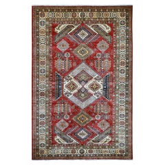 5'10 "x9' Rosso Afghano Super Kazak Design Geometrico Annodato a Mano Morbido Tappeto in Lana