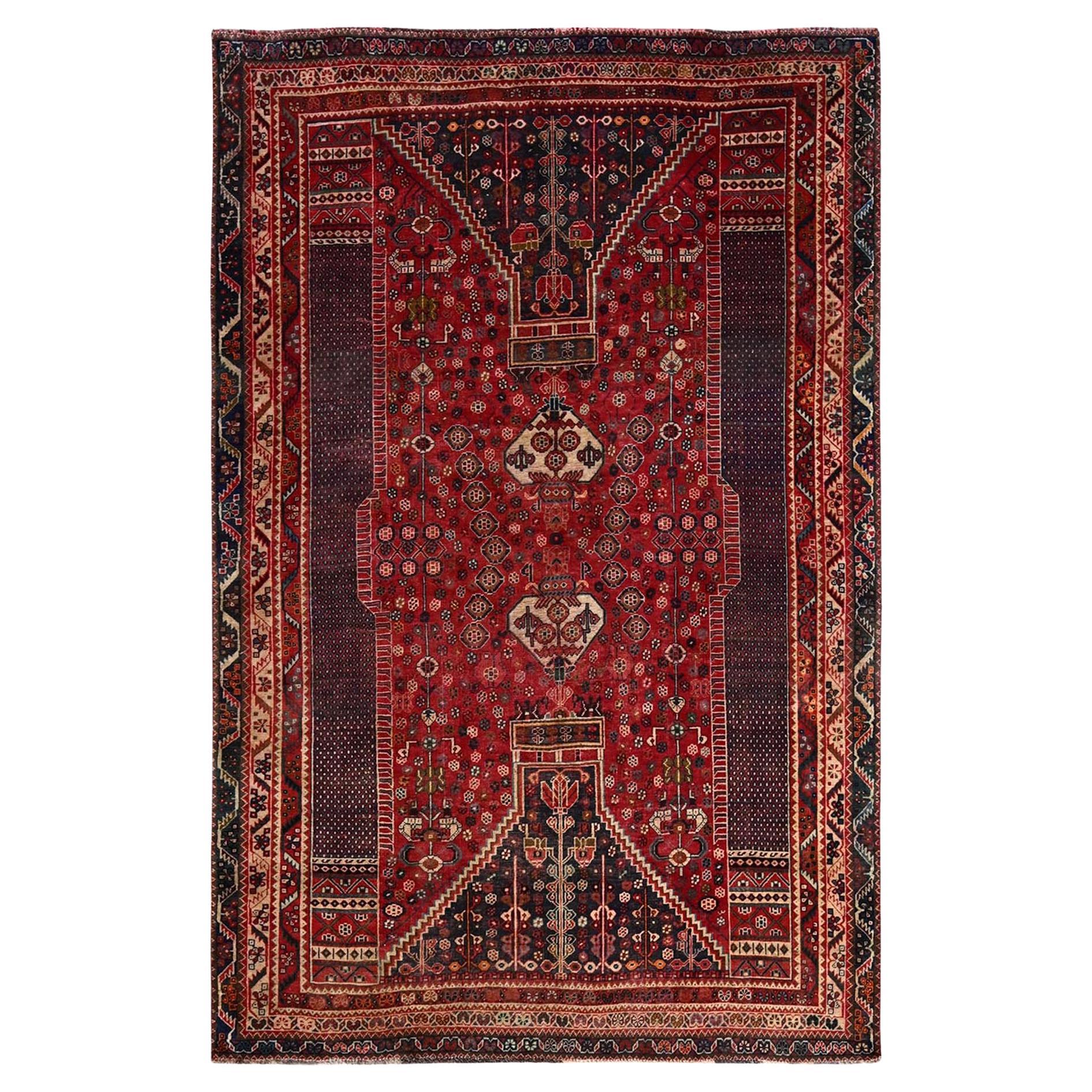 5'10 "x9' Rosso rubino Vintage Persiano Shiraz Annodato a mano in pura lana tosata Tappeto basso