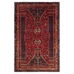 5'10"x9' Rubinroter Vintage persischer Shiraz handgeknüpfter, niedriger Vintage-Teppich aus reiner Wolle, geschoren