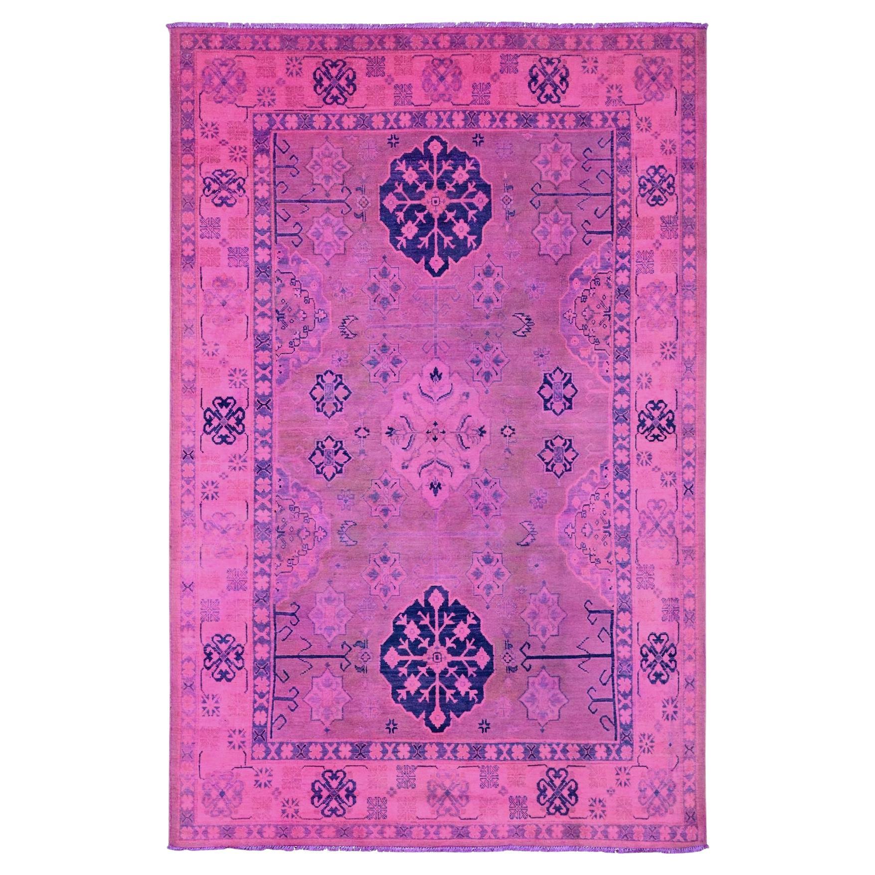5'10 "x9'1" Fuscia Pink Tapis en laine surteint Kazak All Over Star Design, noué à la main