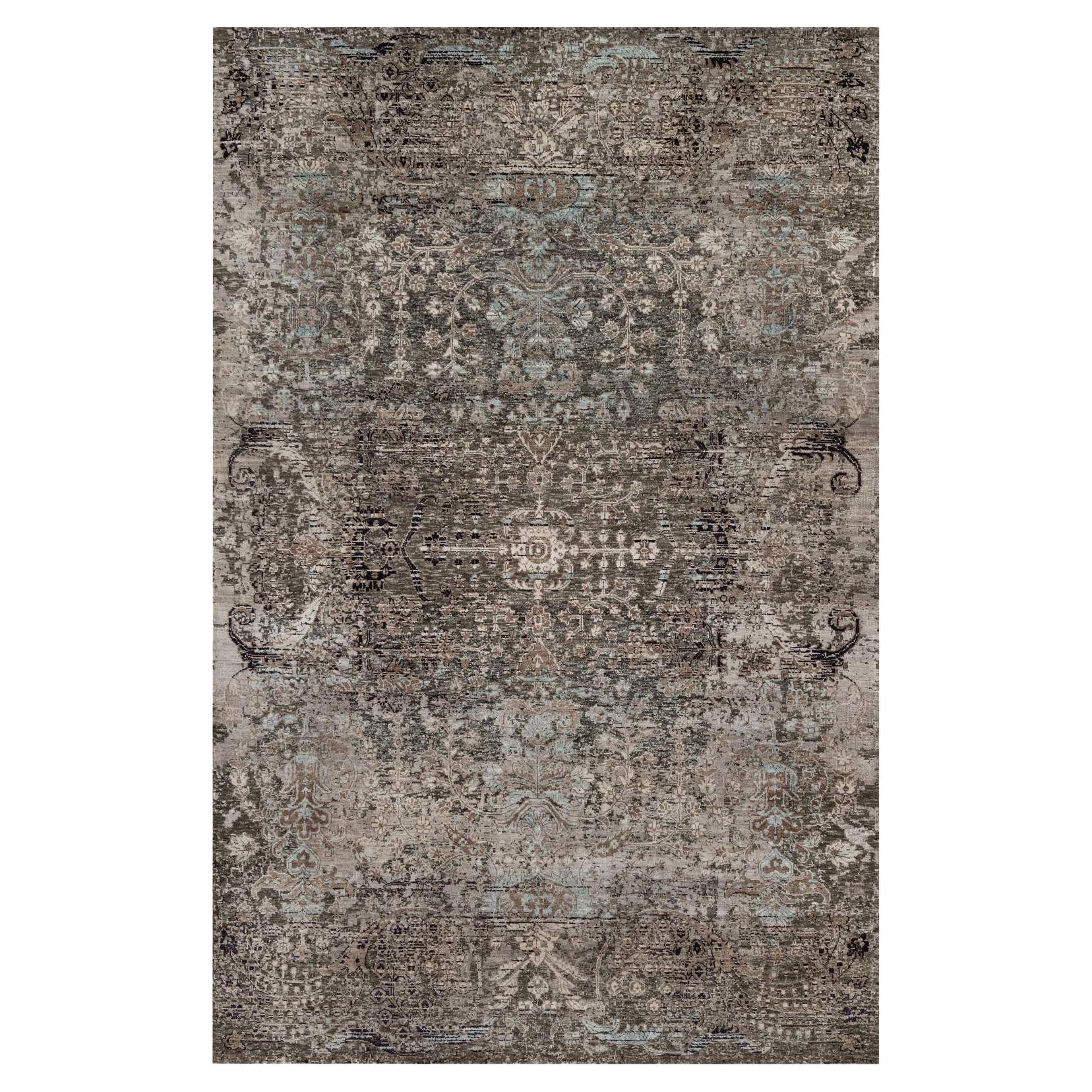 5
10 "x9
2" Brown Erased Flower Design Tappeto annodato a mano in seta e lana testurizzata