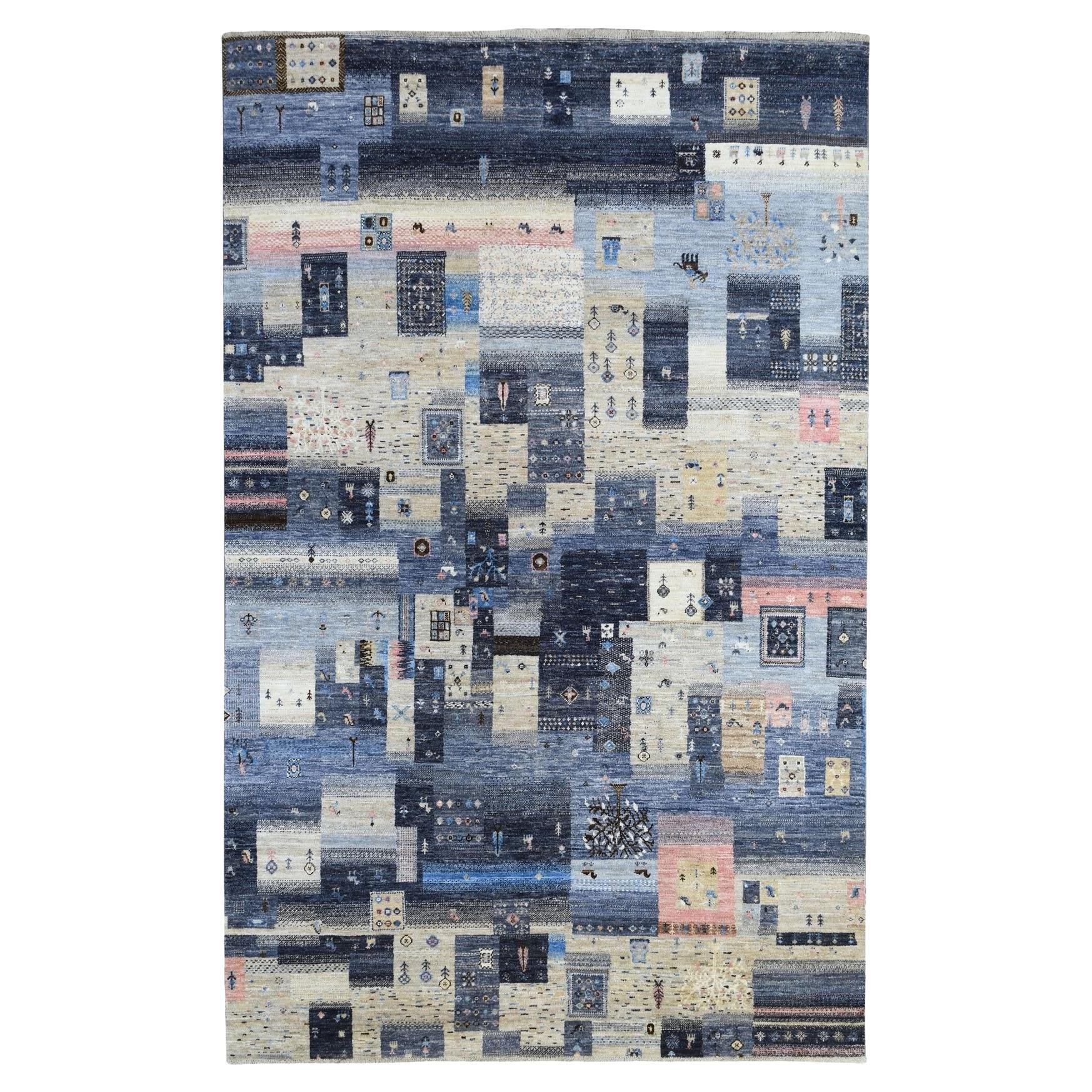 5'10"x9'2" Gray And Blue Extremely Durable Kashkuli Gabbeh Hand Knotted Wool Rug For Sale