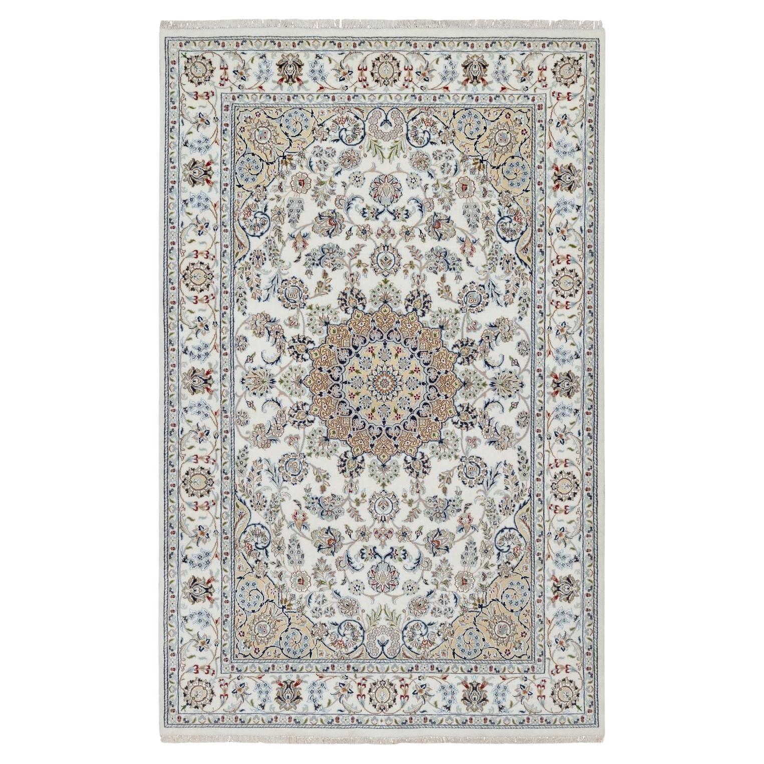 5'10"x9'2" Ivory Nain with Flower Medallion Design 250 KPSI Hand Knotted Rug