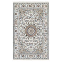 5'10"x9'2" White 250 KPSI Hand Knotted Nain Center Flower Motif Wool & Silk Rug
