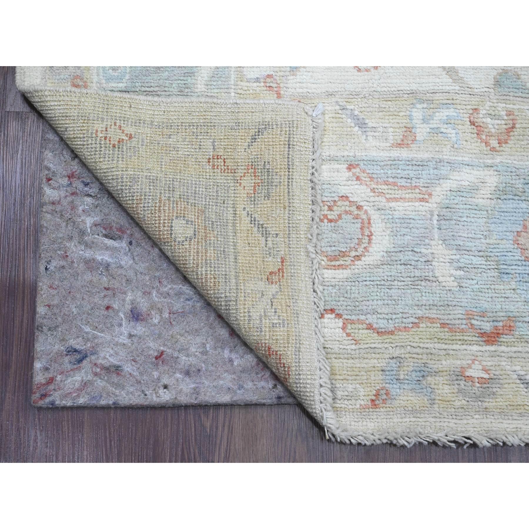 Alabaster White, Afghan Angora Oushak with All Over Leaf Design, Hand Knotted, Vegetable Dyes, 100% Wool, Oriental Rug
Primary materials: Wool
Latex: No Pile 
height: 0.25 Inches
Style: Transitional
Primary color: Ivory
Secondary colors: Red, Brown,