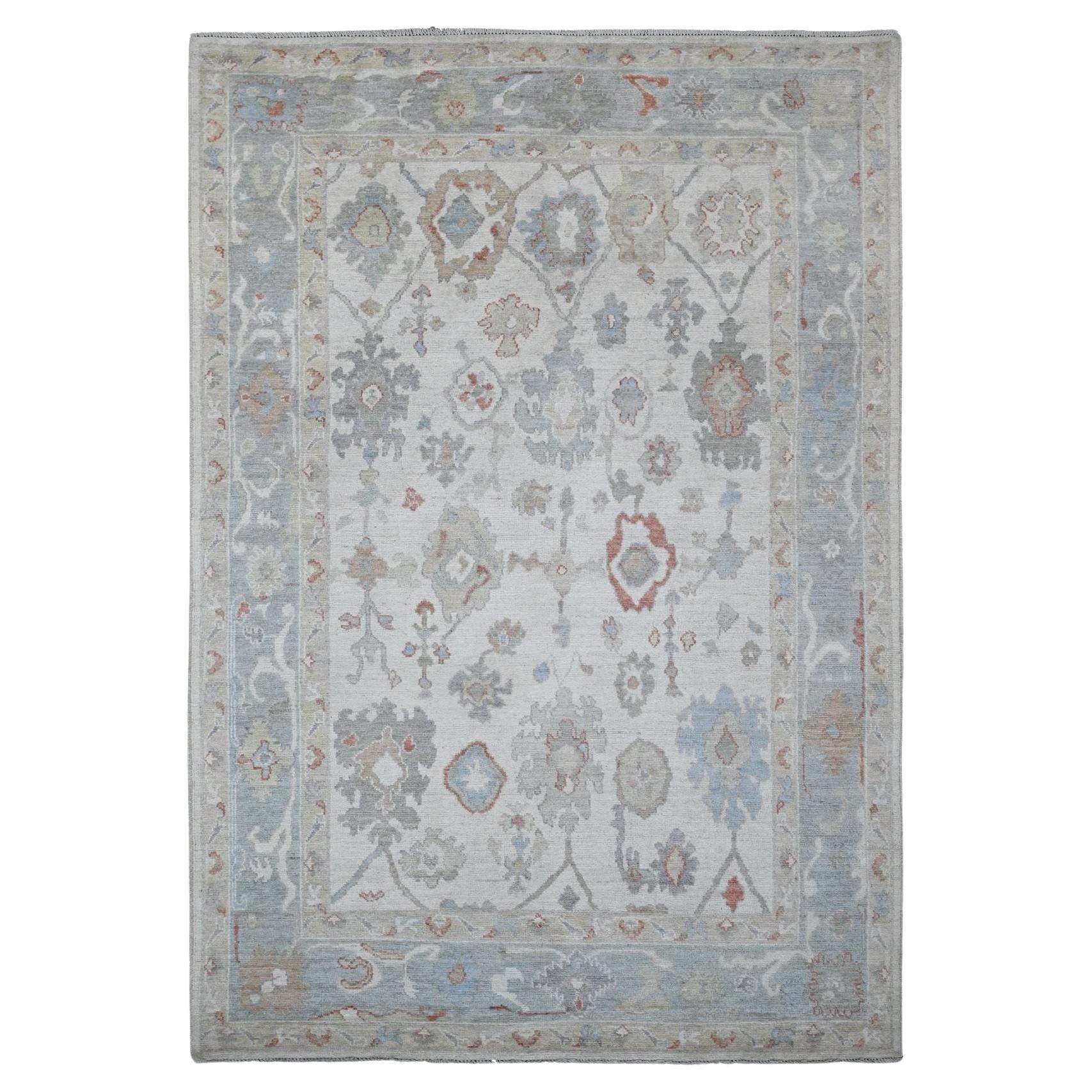 5'10"x9'2" White Afghan Angora Oushak Leaf Design Hand Knotted Pure Wool Rug