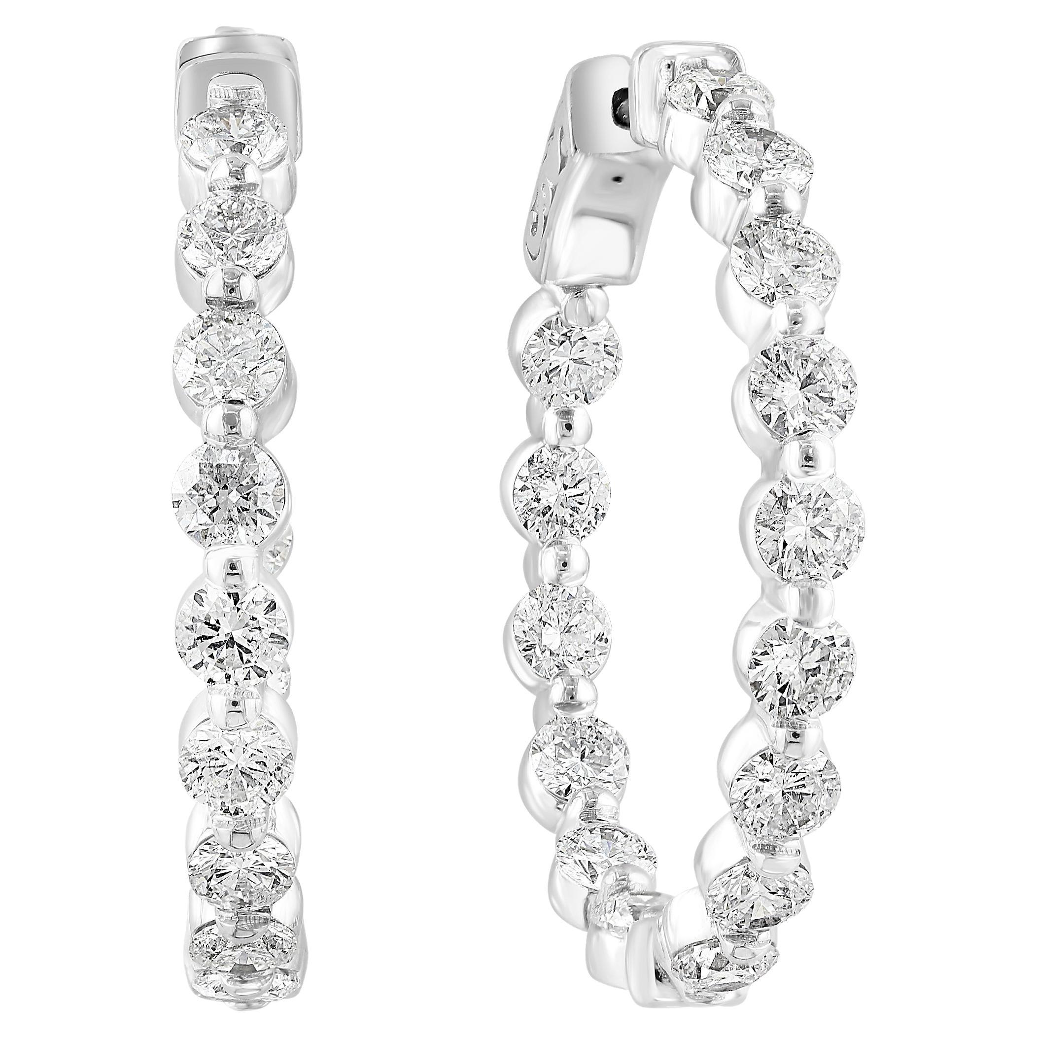 5.11 Carat Brilliant cut Round Diamond Hoop Earrings in 14K White Gold For Sale