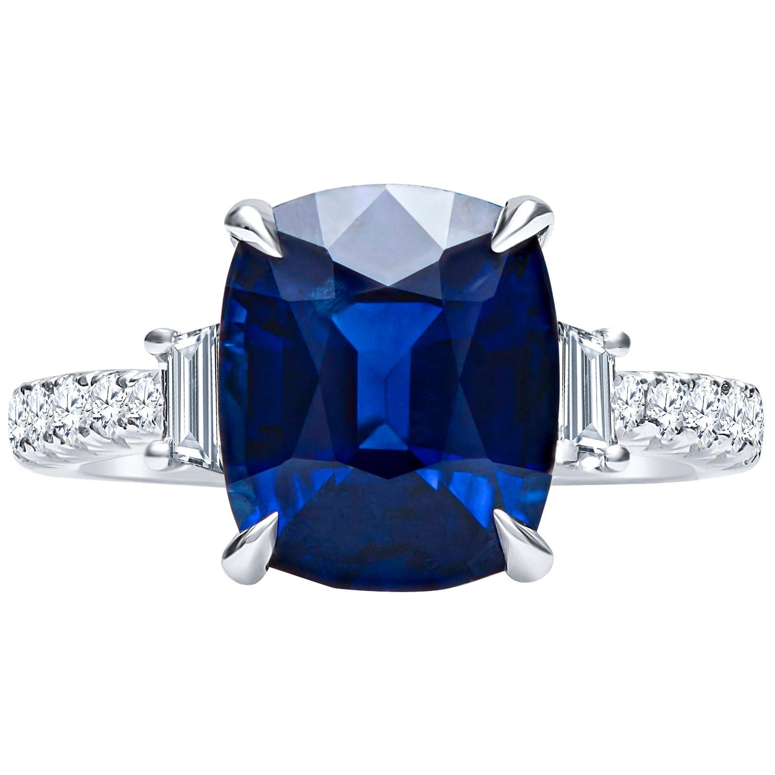 5.11 Carat Cushion Cut 'GIA' Natural Blue Sapphire, 3-Stone 18 Karat Ring For Sale