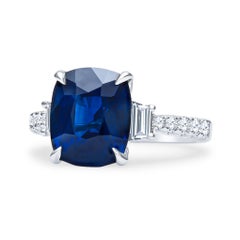5.11 Carat Cushion Cut 'GIA' Natural Blue Sapphire, 3-Stone 18 Karat Ring