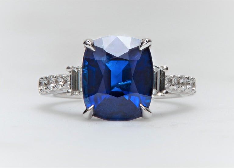 5.11 Carat Cushion Cut 'GIA' Natural Blue Sapphire, 3-Stone 18 Karat Ring For Sale 2