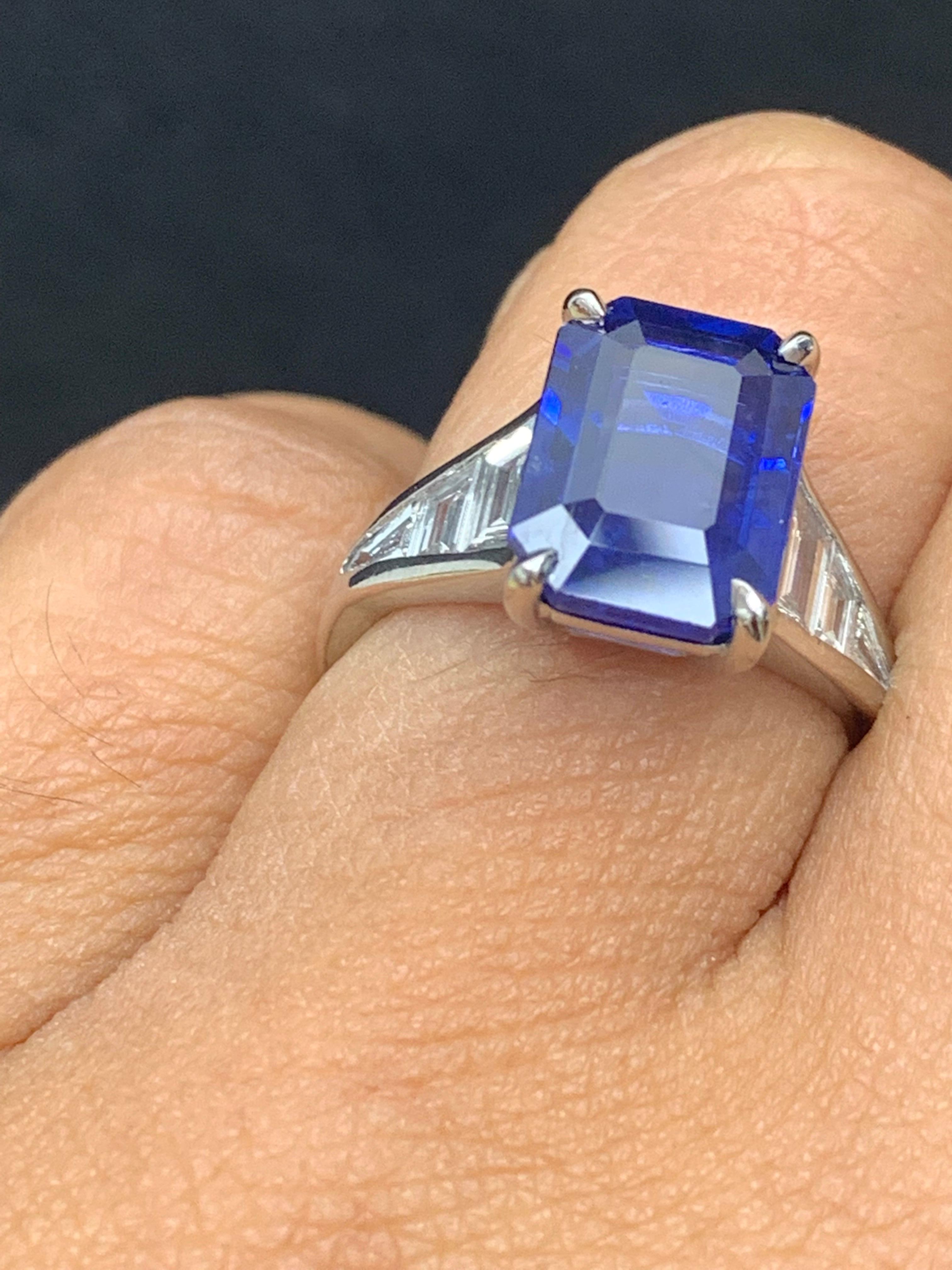 5.11 Carat Emerald Cut Blue Sapphire and Diamond Engagement Ring in Platinum For Sale 2