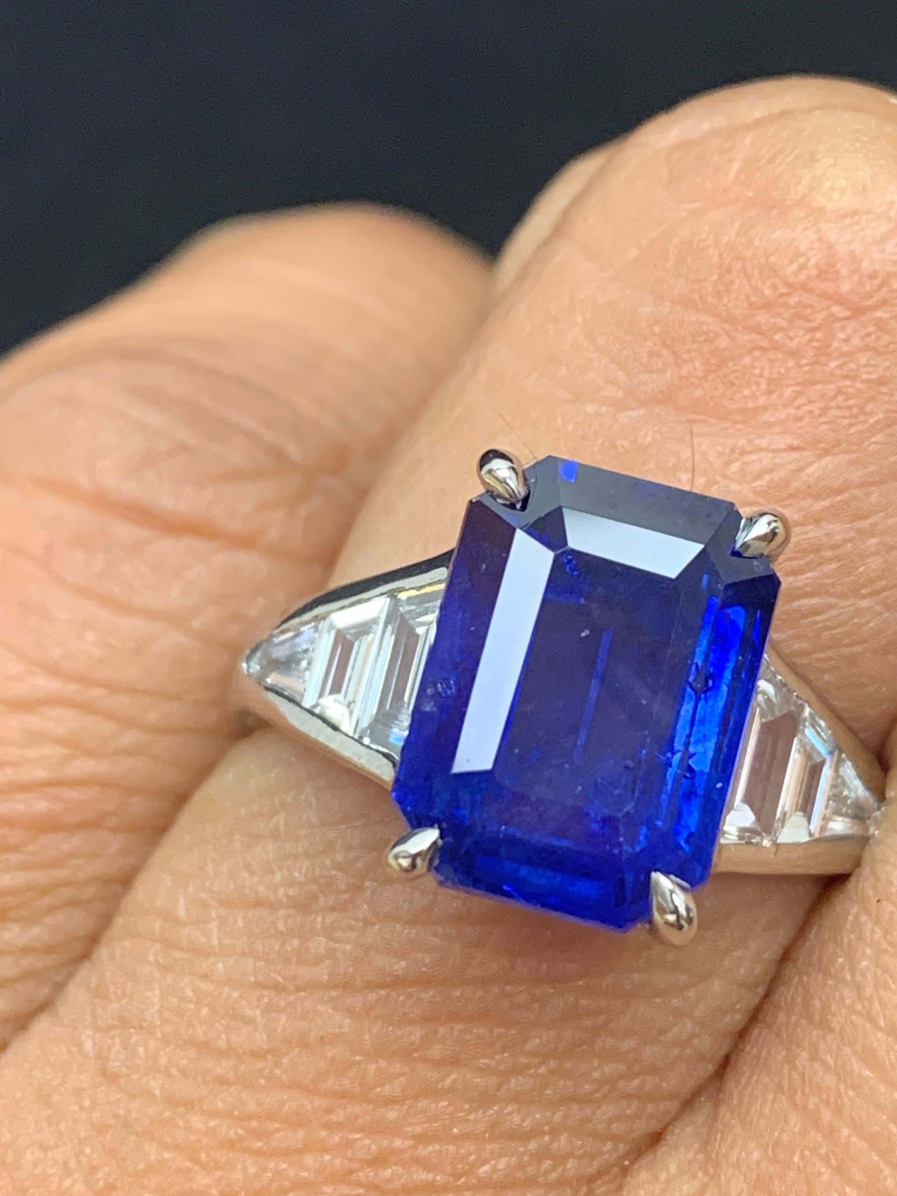 5.11 Carat Emerald Cut Blue Sapphire and Diamond Engagement Ring in Platinum For Sale 3