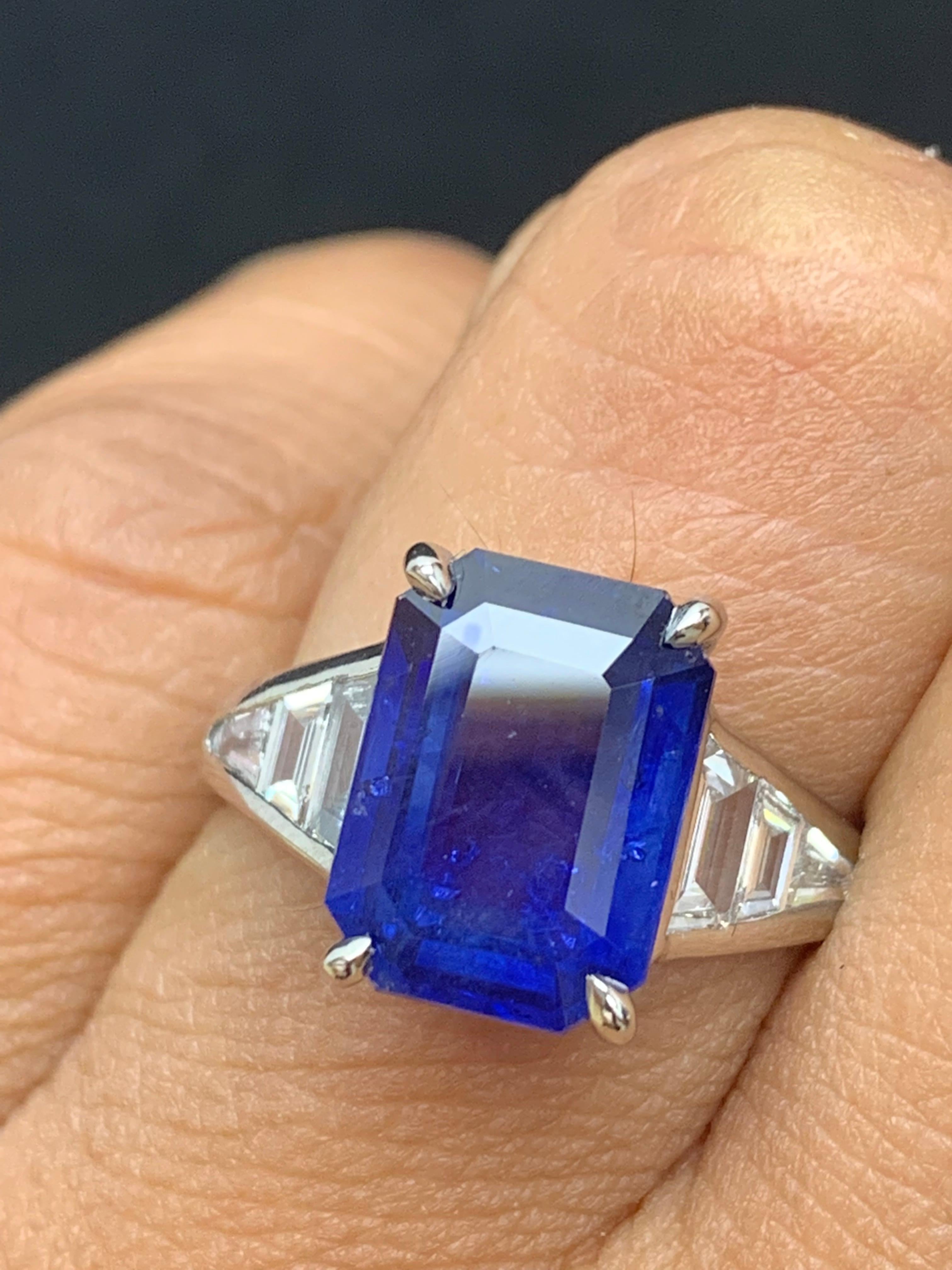 5.11 Carat Emerald Cut Blue Sapphire and Diamond Engagement Ring in Platinum For Sale 4