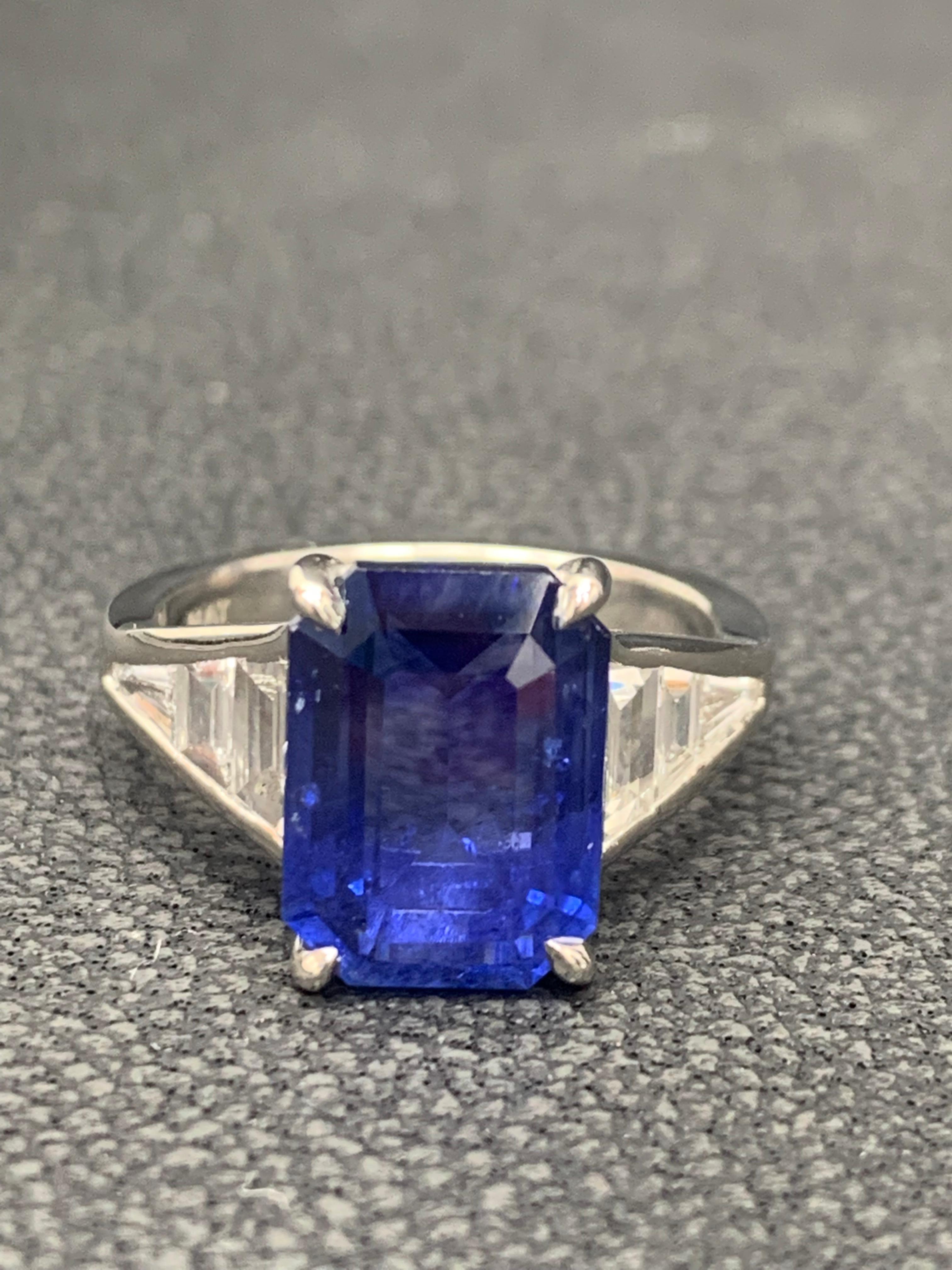 5.11 Carat Emerald Cut Blue Sapphire and Diamond Engagement Ring in Platinum For Sale 6