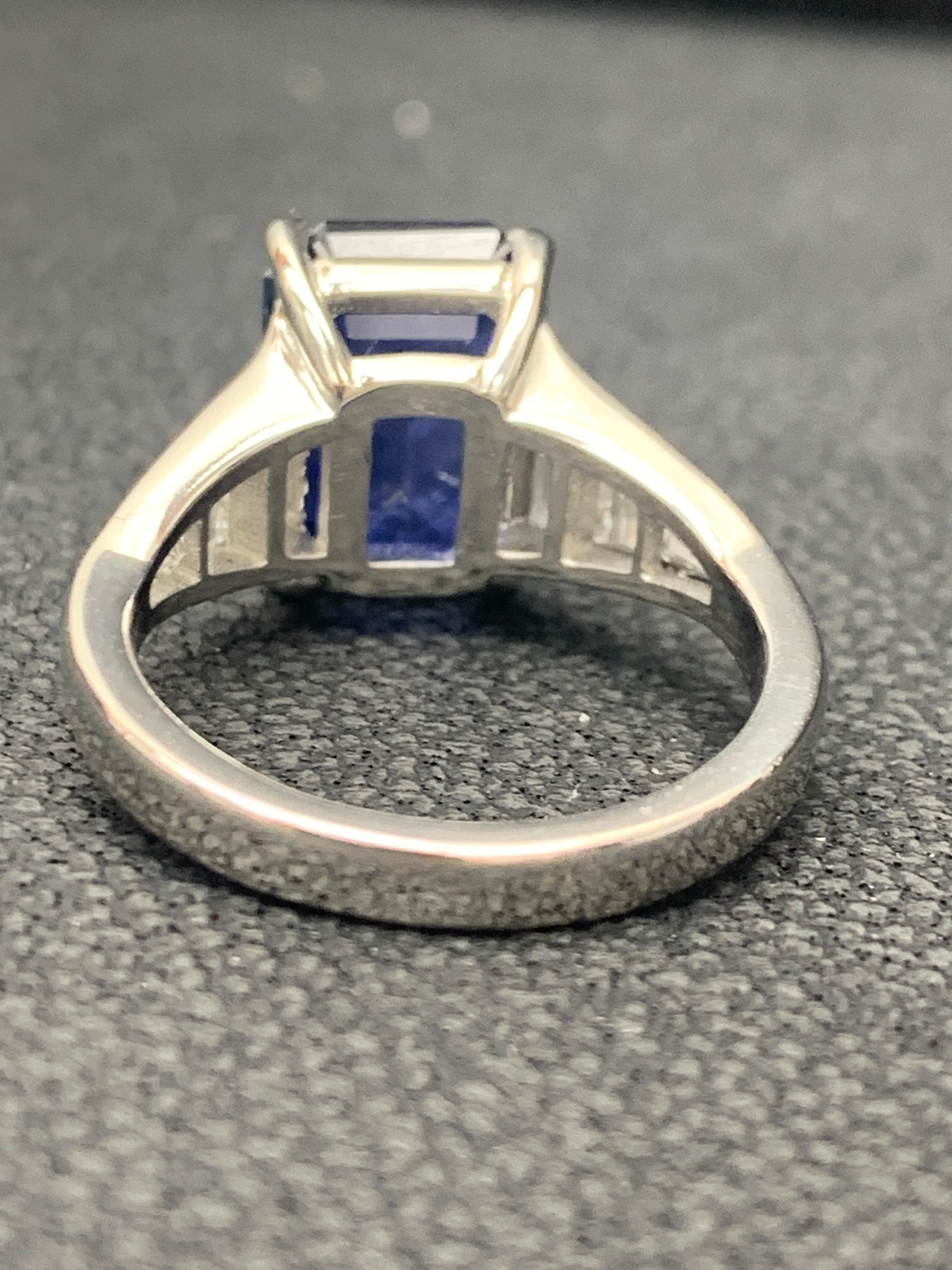 5.11 Carat Emerald Cut Blue Sapphire and Diamond Engagement Ring in Platinum For Sale 8