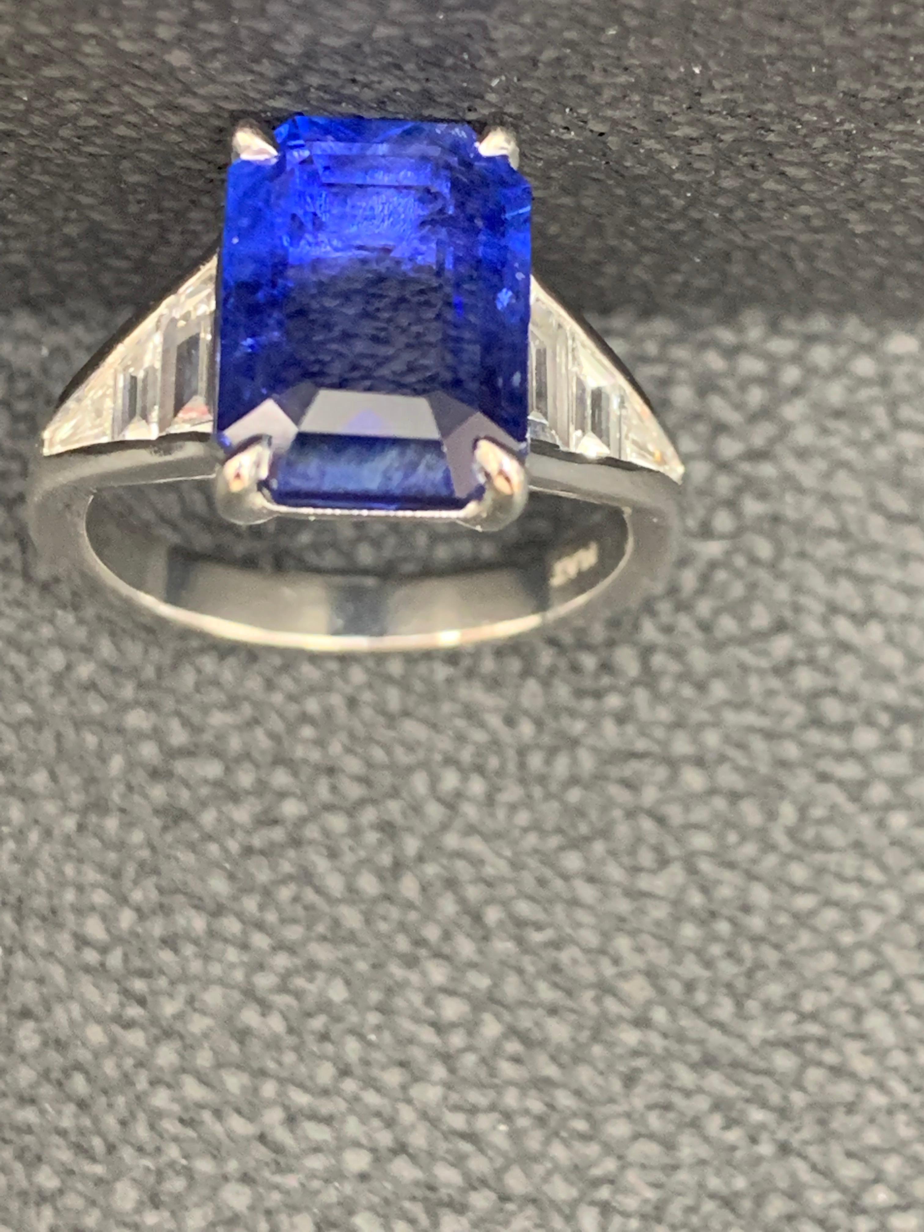 5.11 Carat Emerald Cut Blue Sapphire and Diamond Engagement Ring in Platinum For Sale 11