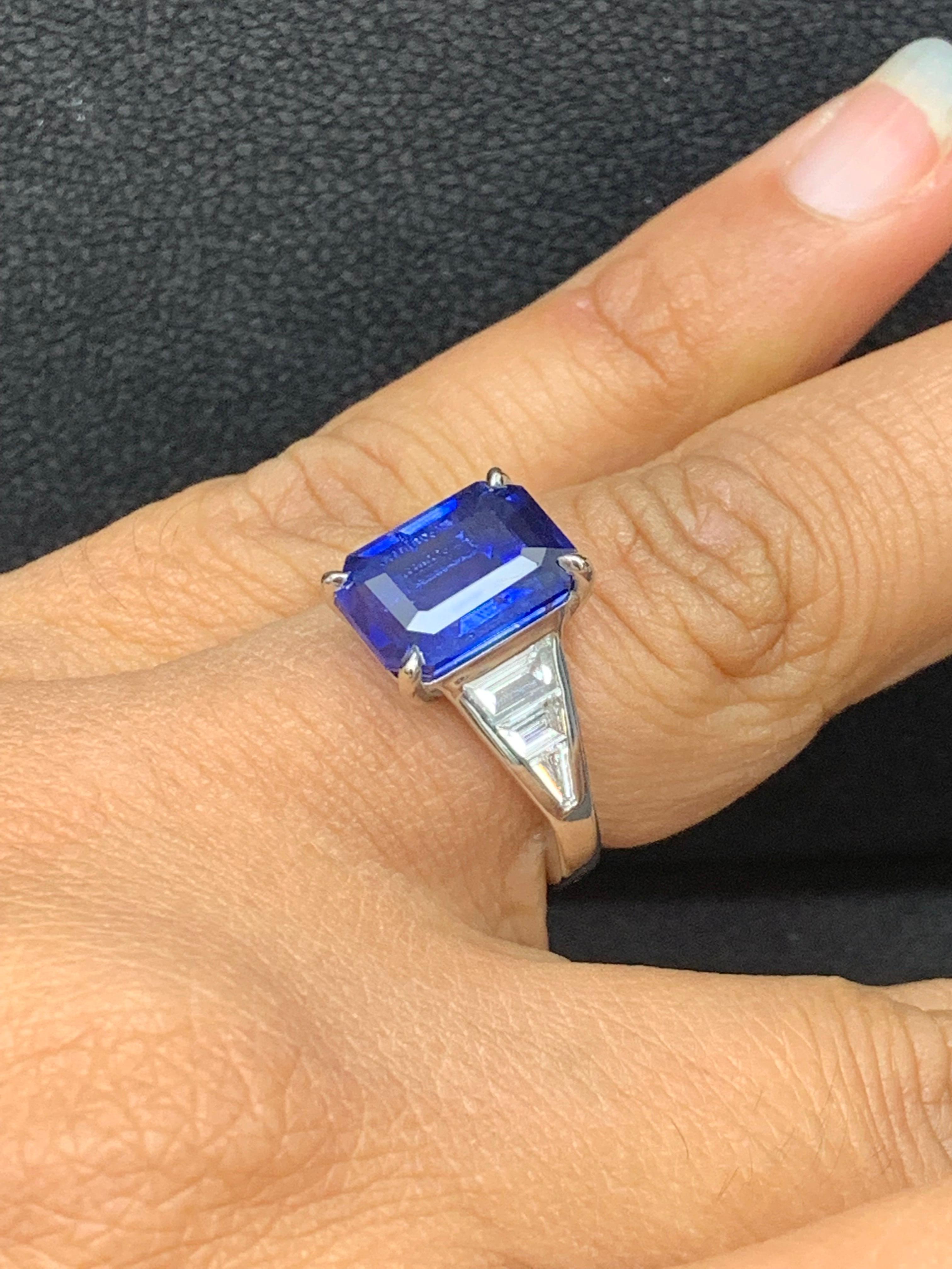 Modern 5.11 Carat Emerald Cut Blue Sapphire and Diamond Engagement Ring in Platinum For Sale