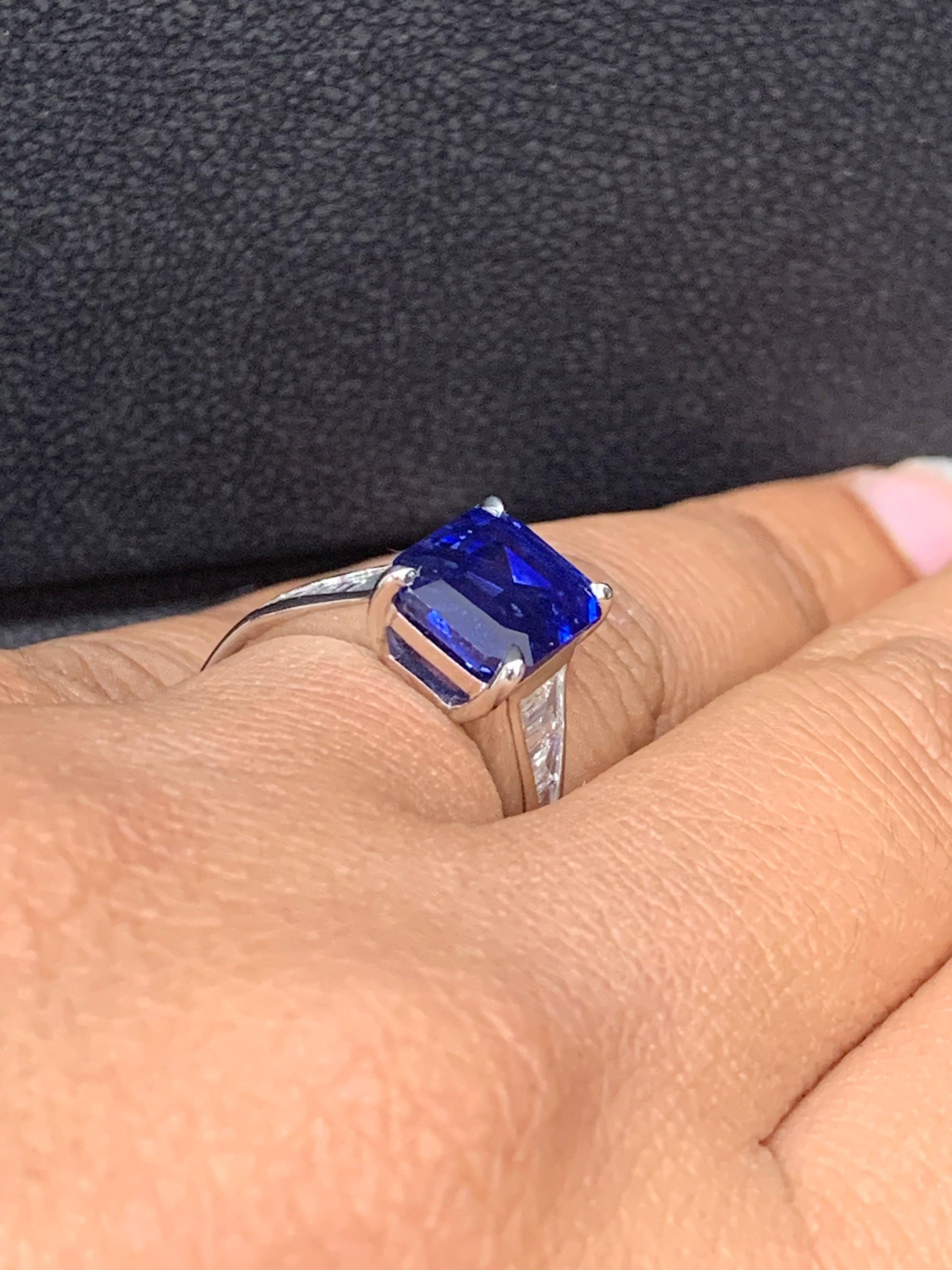 Women's 5.11 Carat Emerald Cut Blue Sapphire and Diamond Engagement Ring in Platinum For Sale