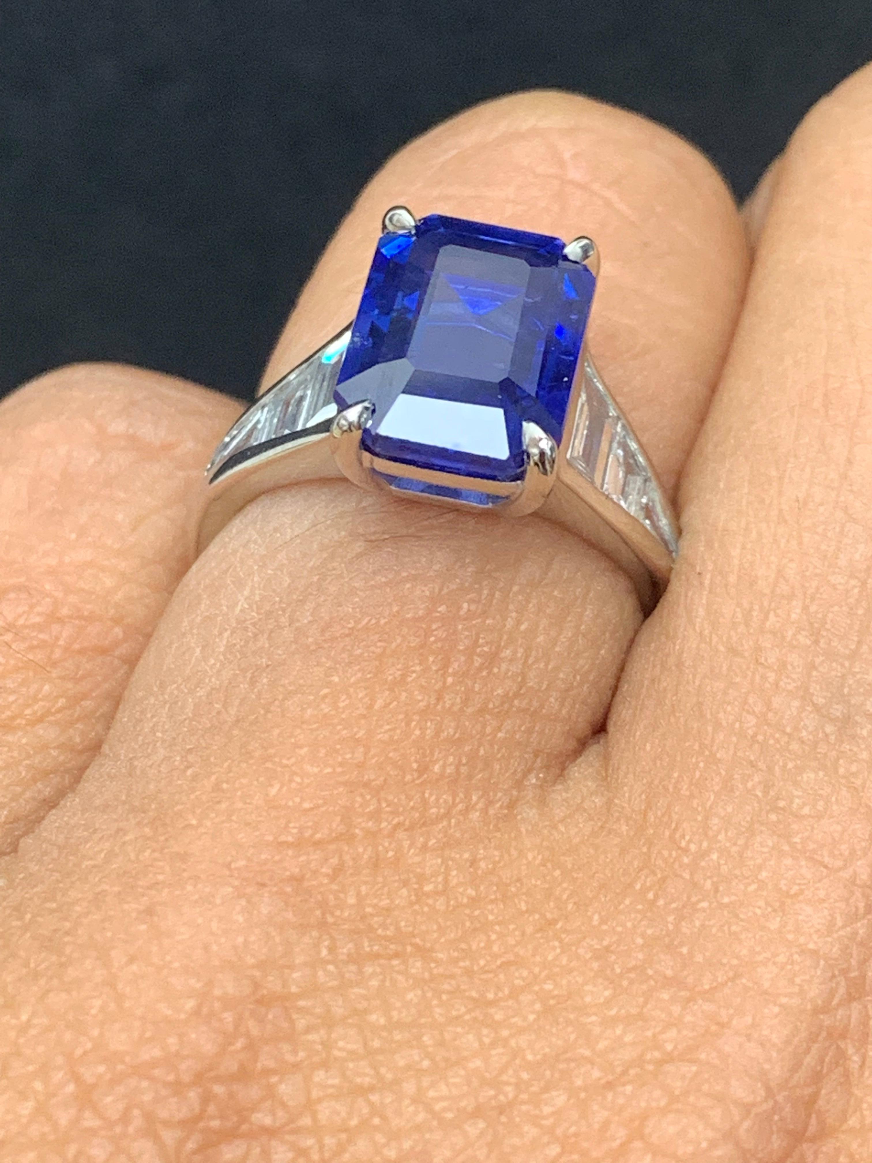 5.11 Carat Emerald Cut Blue Sapphire and Diamond Engagement Ring in Platinum For Sale 1