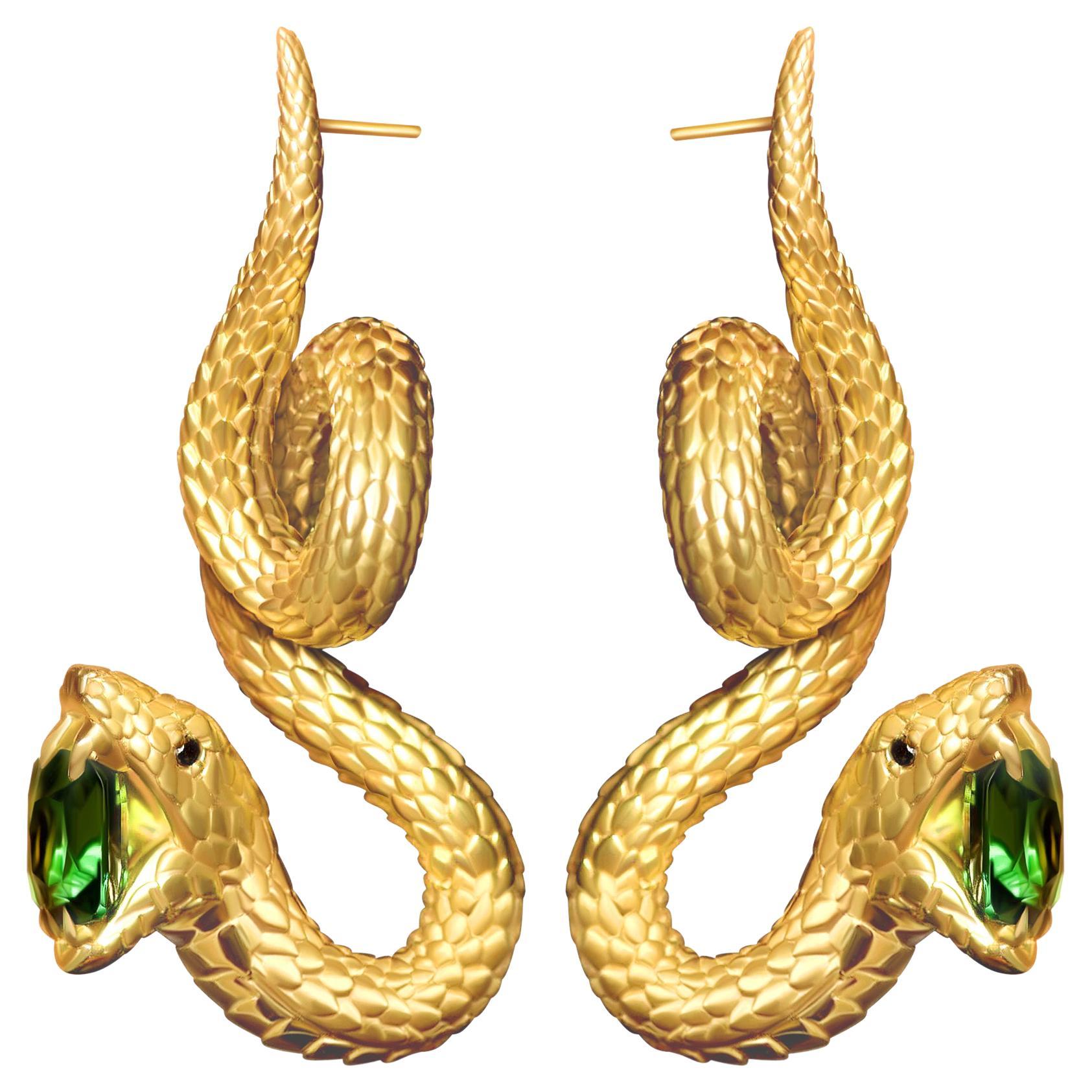 4, 03 Carat Green Vivid Tsavorite 18 Karat Yellow Golden Serpent Earrings by D&A