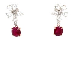 5.11 Carat GRS Certified No Heat Burma Ruby and White Diamond Gold Earrings