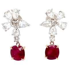 5.11 Carat GRS Certified No Heat Burma Ruby and White Diamond Gold Earrings