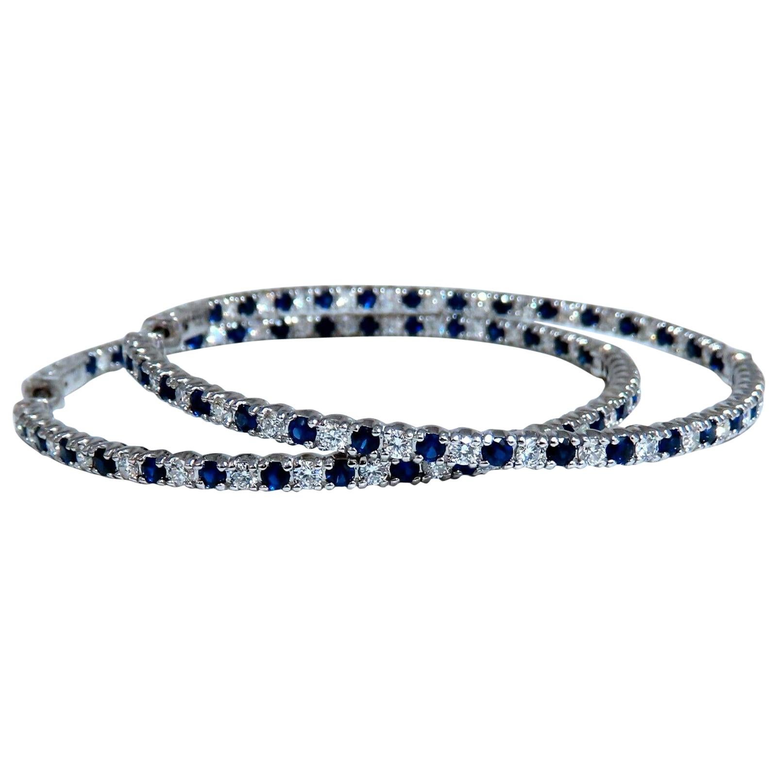5.11 Carat Natural Sapphires Diamonds in Out Hoop Earrings 14 Karat For Sale