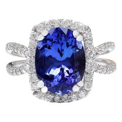 Bague en or blanc massif 14 carats avec tanzanite naturelle et diamant 