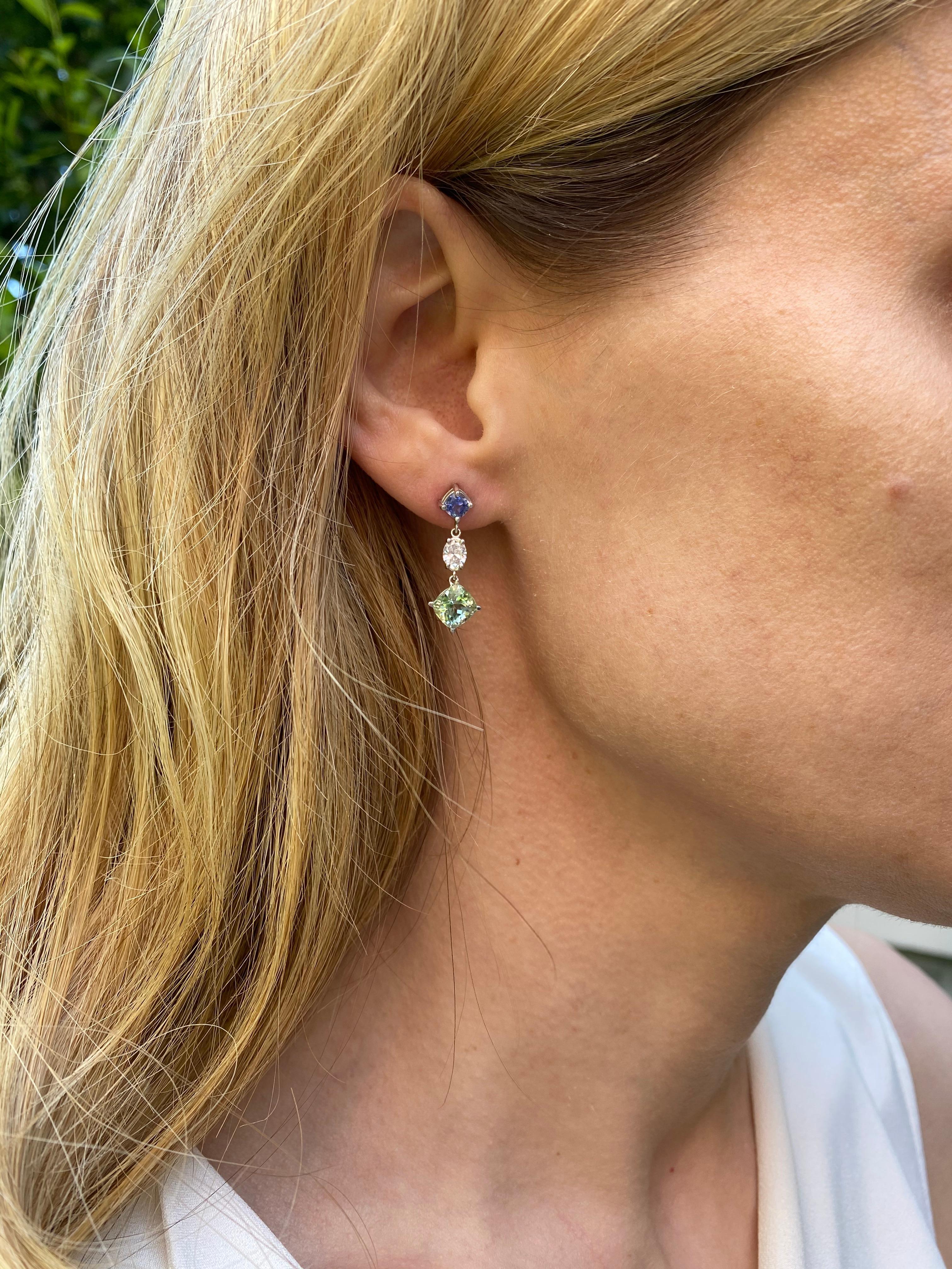 Modern 5.11 Carats Cushion Cut Tourmaline, Oval Diamonds, and Sapphire Earrings 18k WG