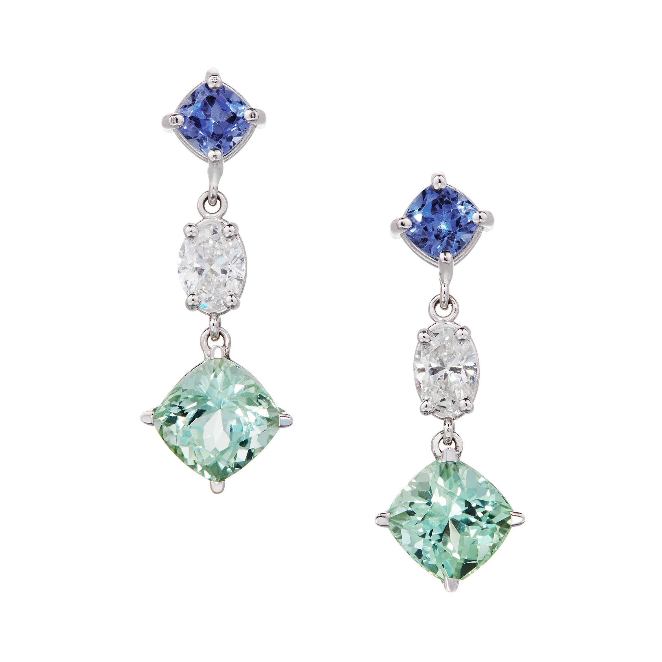5.11 Carats Cushion Cut Tourmaline, Oval Diamonds, and Sapphire Earrings 18k WG