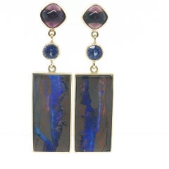 51.11 Carats Boulder Opal, Amethyst and Tanzanite Dangle Earrings in 18k Gold