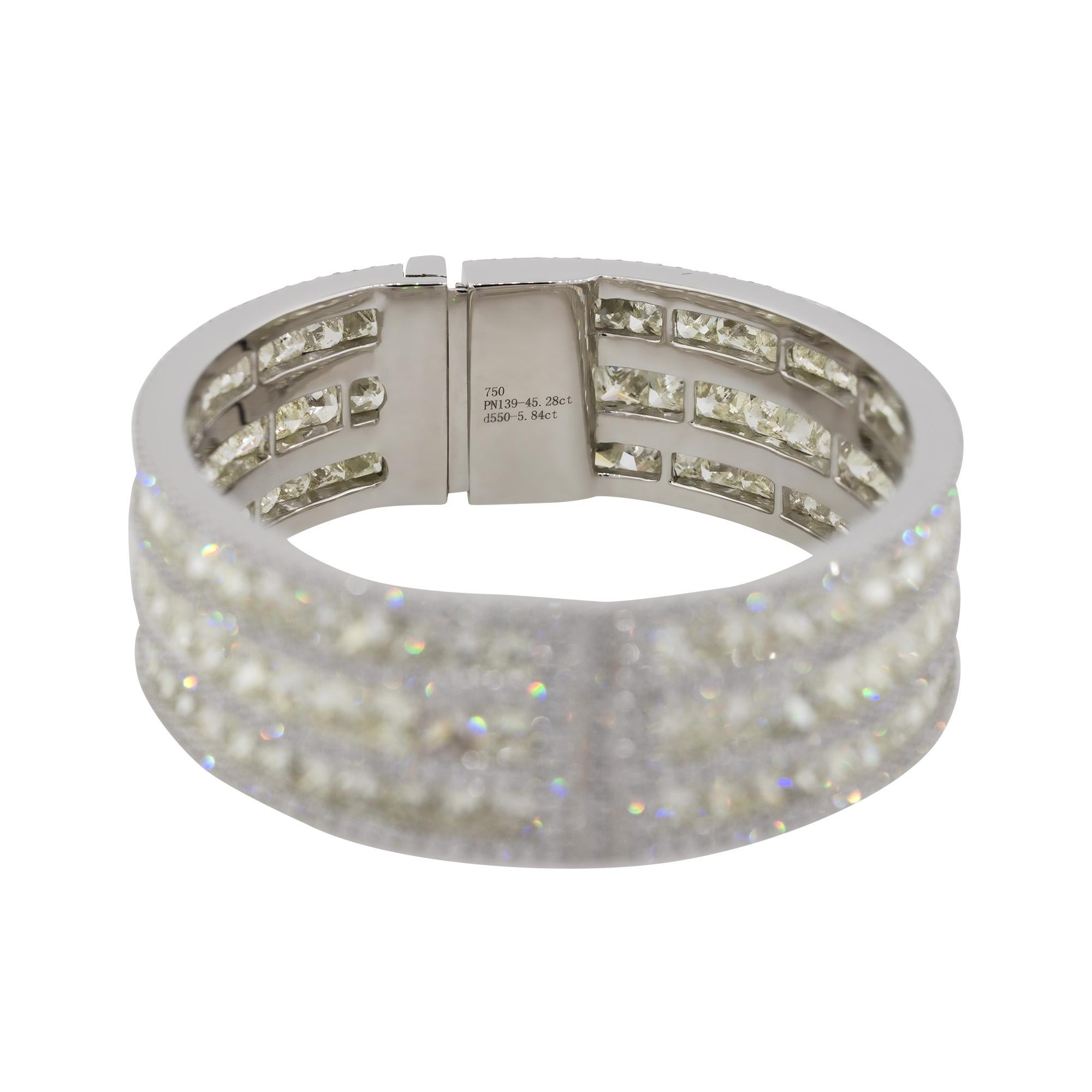 Round Cut 51.12 Carat Multi Row Multi Diamond Pave Bangle Bracelet 18 Karat in Stock