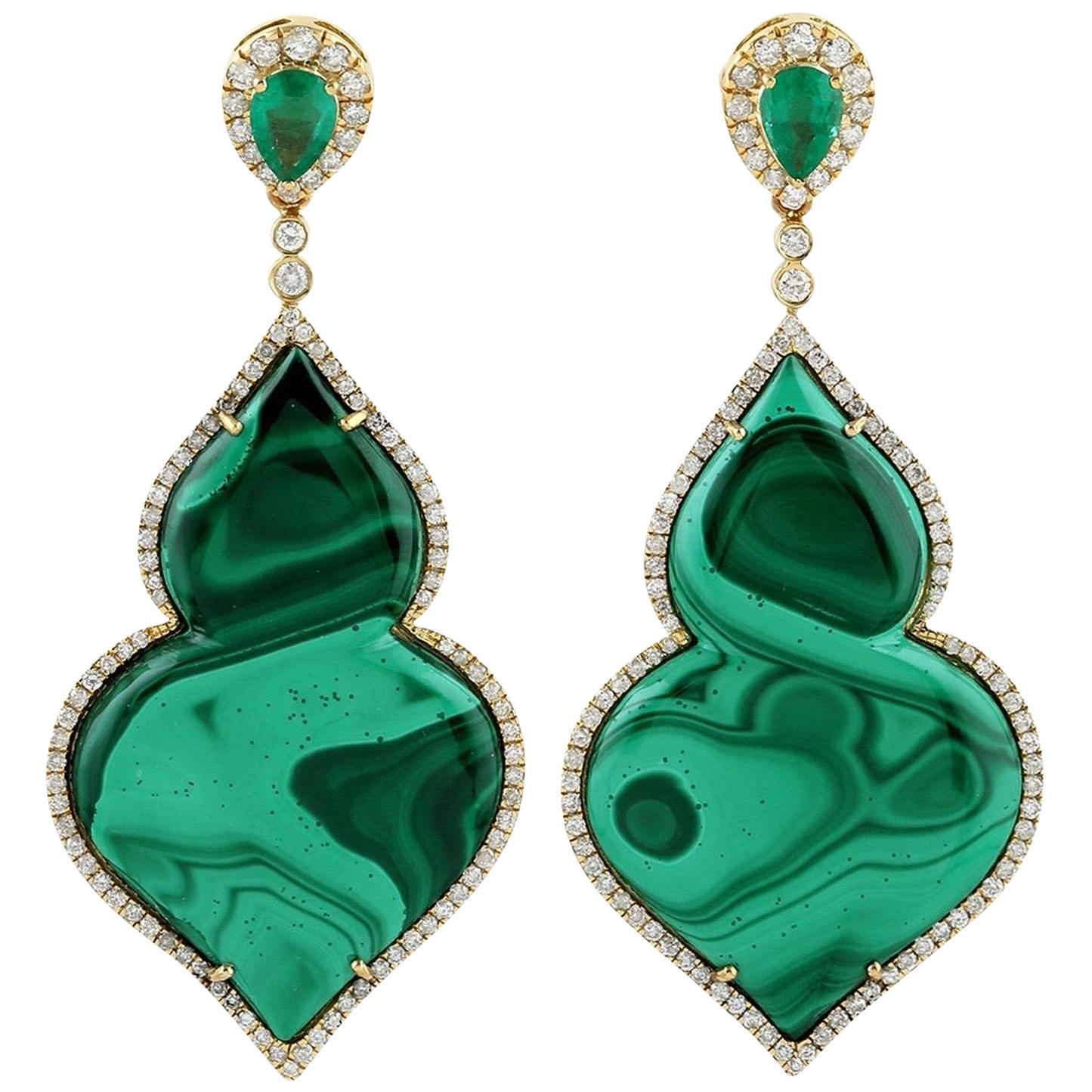 51.16 Carat Malachite Emerald Diamond 18 Karat Gold Taj Earrings For Sale