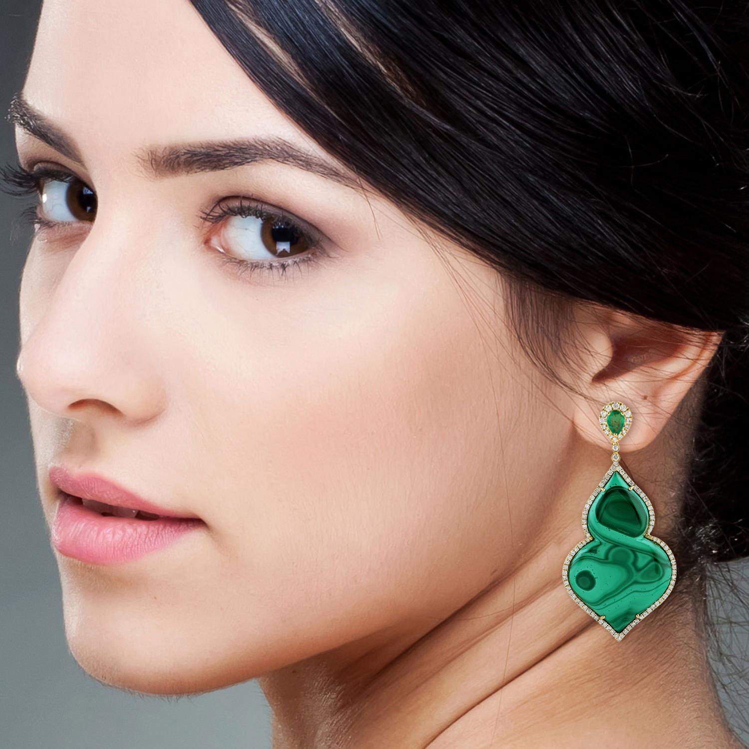 Handcrafted from 18-karat gold, these beautiful earrings are set with 51.16 carats Malachite, 1.1 carats Emerald and 1.99 carats of glimmering diamonds.

FOLLOW  MEGHNA JEWELS storefront to view the latest collection & exclusive pieces.  Meghna