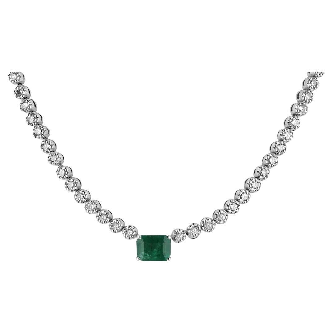 5.11tcw 14K Emerald Cut Emerald & Round Diamond Vintage White Gold Fancy Choker For Sale