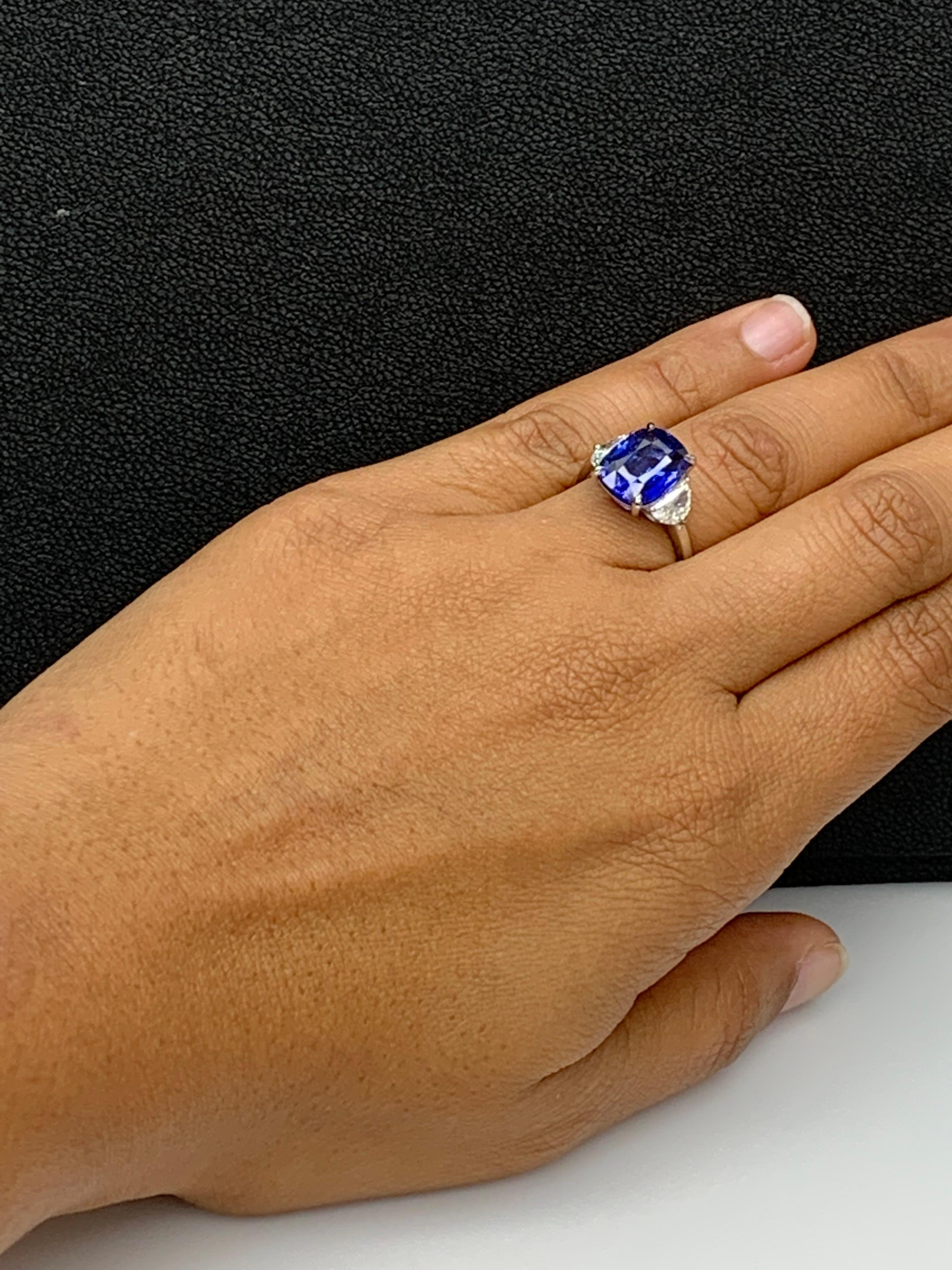 5.12 Carat Cushion Blue Sapphire Diamond Three-Stone Engagement Ring in Platinum For Sale 12
