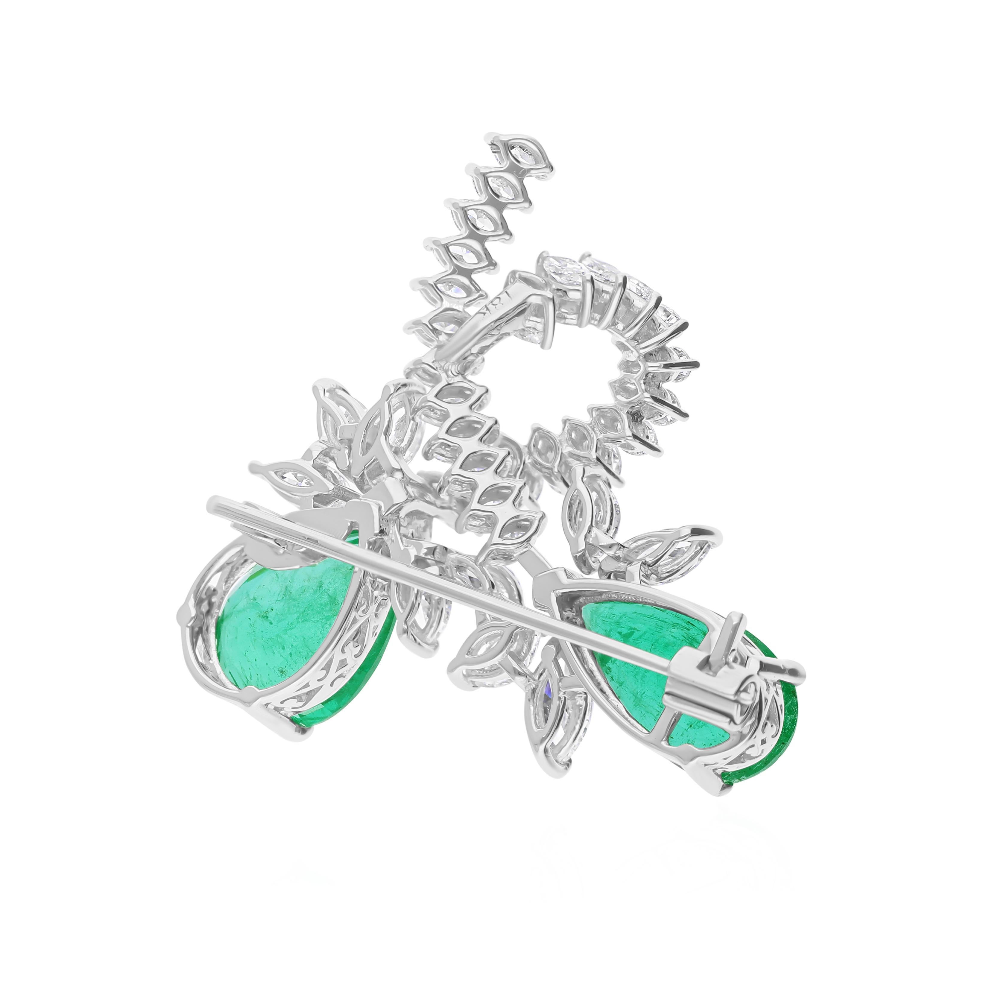 Modern 5.12 Carat Emerald 1.88 Ct SI/H Marquise Diamond Brooch Pendant 18k White Gold For Sale
