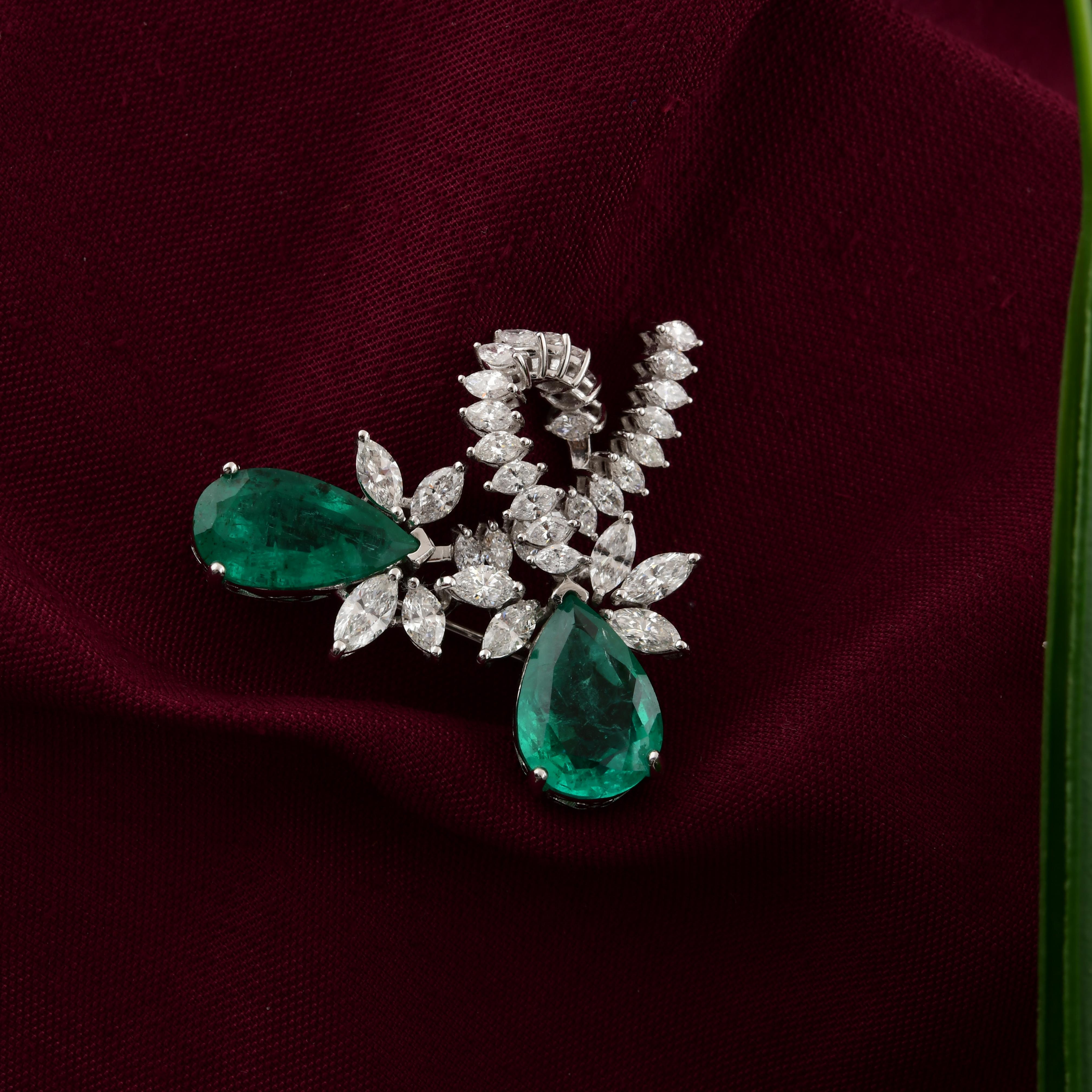 Pear Cut 5.12 Carat Emerald 1.88 Ct SI/H Marquise Diamond Brooch Pendant 18k White Gold For Sale