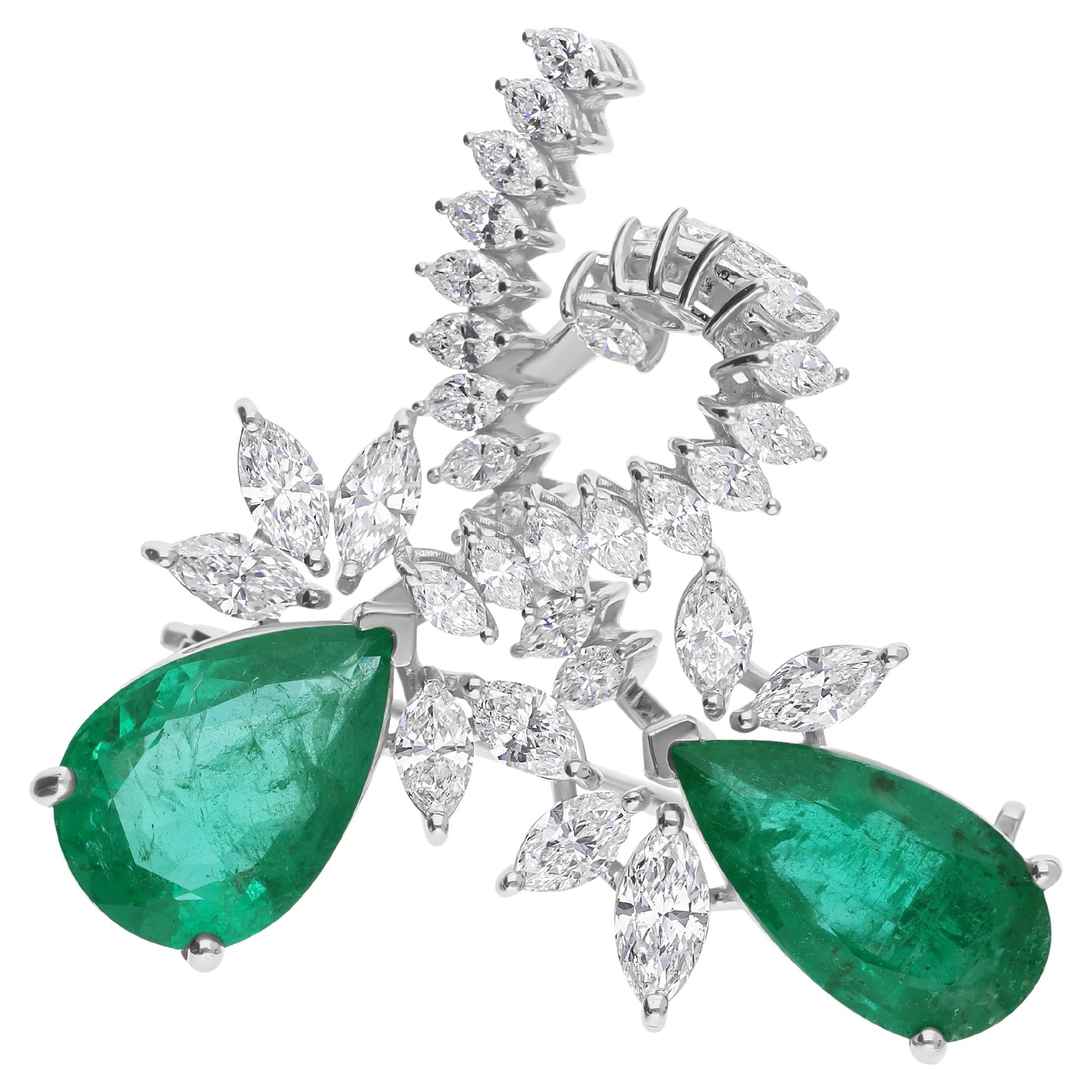 5.12 Carat Emerald 1.88 Ct SI/H Marquise Diamond Brooch Pendant 18k White Gold For Sale